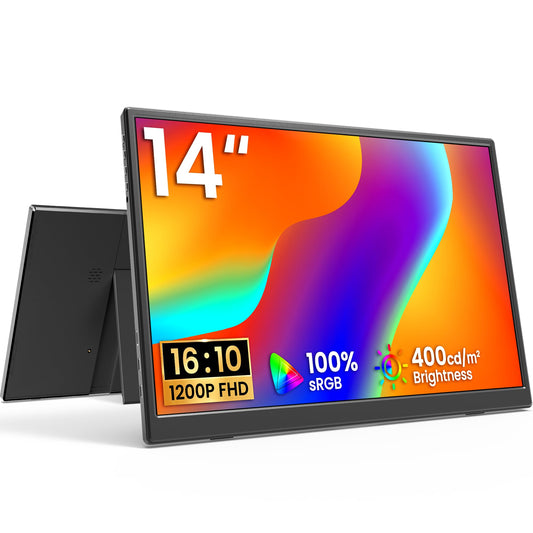 KQC 14 Inch Portable Monitor FHD 1200P, Ultra-Slim USB-C HDMI Plug & Play External Display, 100% sRGB Dual Speakers, Travel Laptop Monitor with Stand for PC Phone Xbox PS4/5