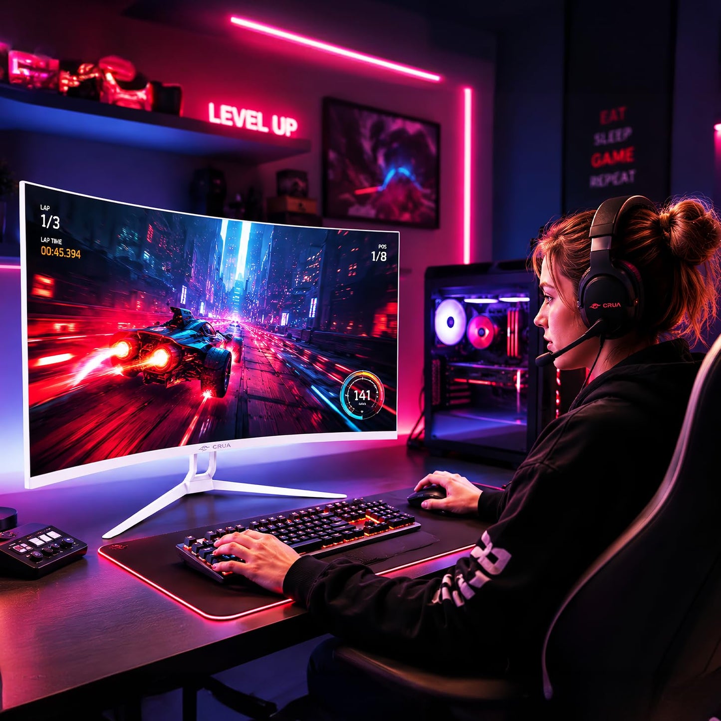 CRUA 32" Curved Gaming Monitor, 4K UHD 3840x2160, 240Hz VA Display, 1500R, AMD FreeSync, 120% sRGB, Built-in Speakers, HDMI 2.1 & DP 1.4, Wall Mountable White PC Monitor for Gaming, Streaming & Work