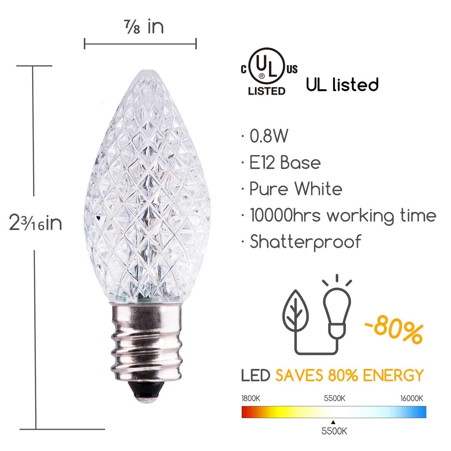 Minetom C7 LED Christmas Light Bulbs, Dimmable, Shatterproof, 25 Count, Pure White