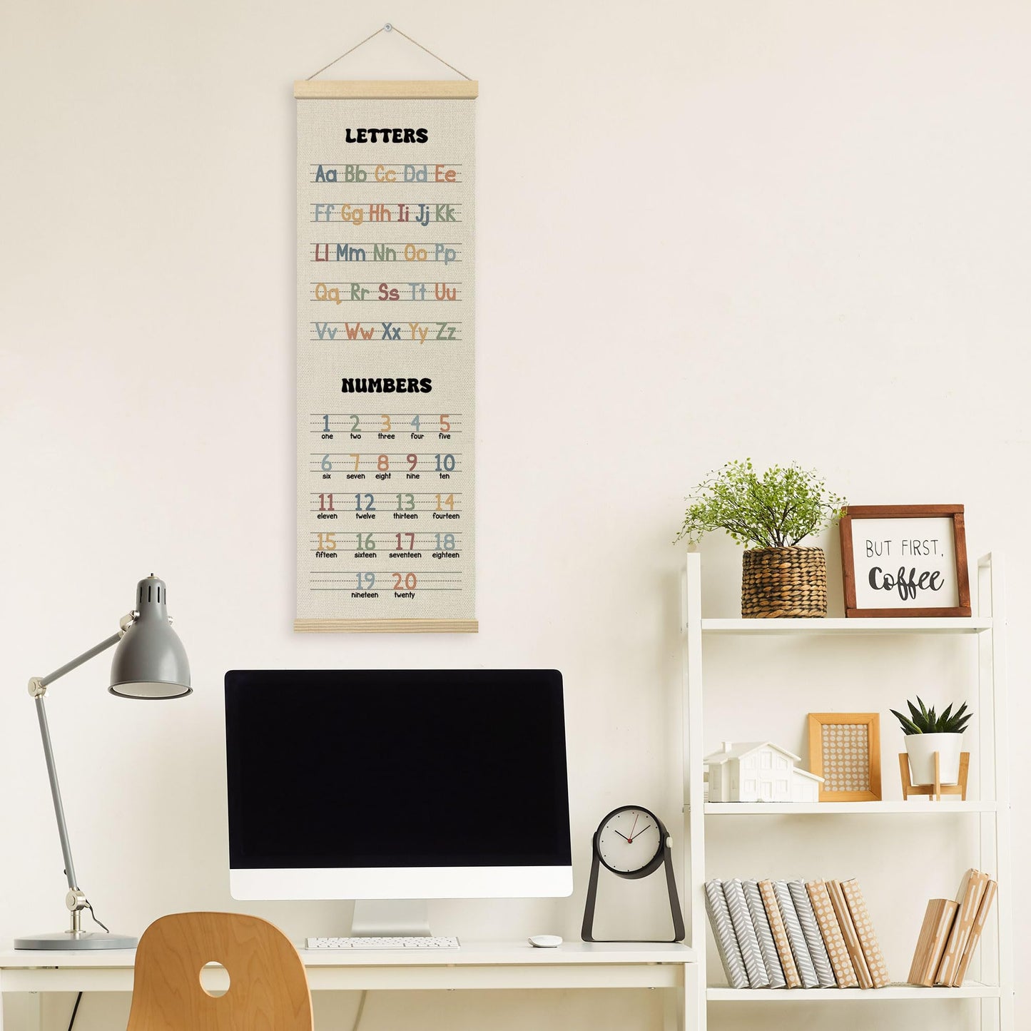 TLESKE Alphabet Number Chart Classroom Wall Art Poster, ABC Letters Education Wall Decor Hanging Poster with Hanger Frame for Classroom Homeschool, Toddlers Kids Room Prints Picture Banner, 12x35