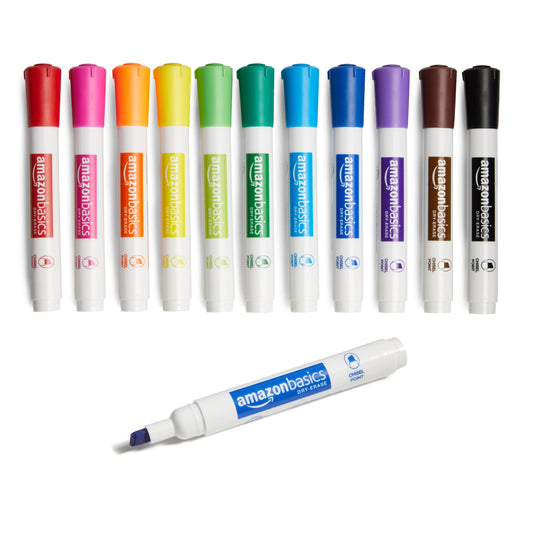 Amazon Basics Dry Erase Whiteboard Markers, Chisel Tip, Low-Odor, Assorted Colors, 12-Pack, Erase Easily