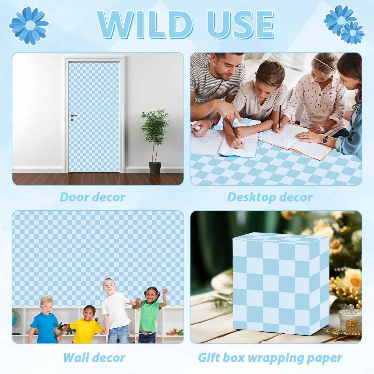 Blue Checkered Bulletin Board Paper Roll Retro Pastel Blue Bulletin Board Background Paper Back to School Classroom Decor Poster for Art Craft DIY Projects Home Office Party Supplies 17.7inx20ft