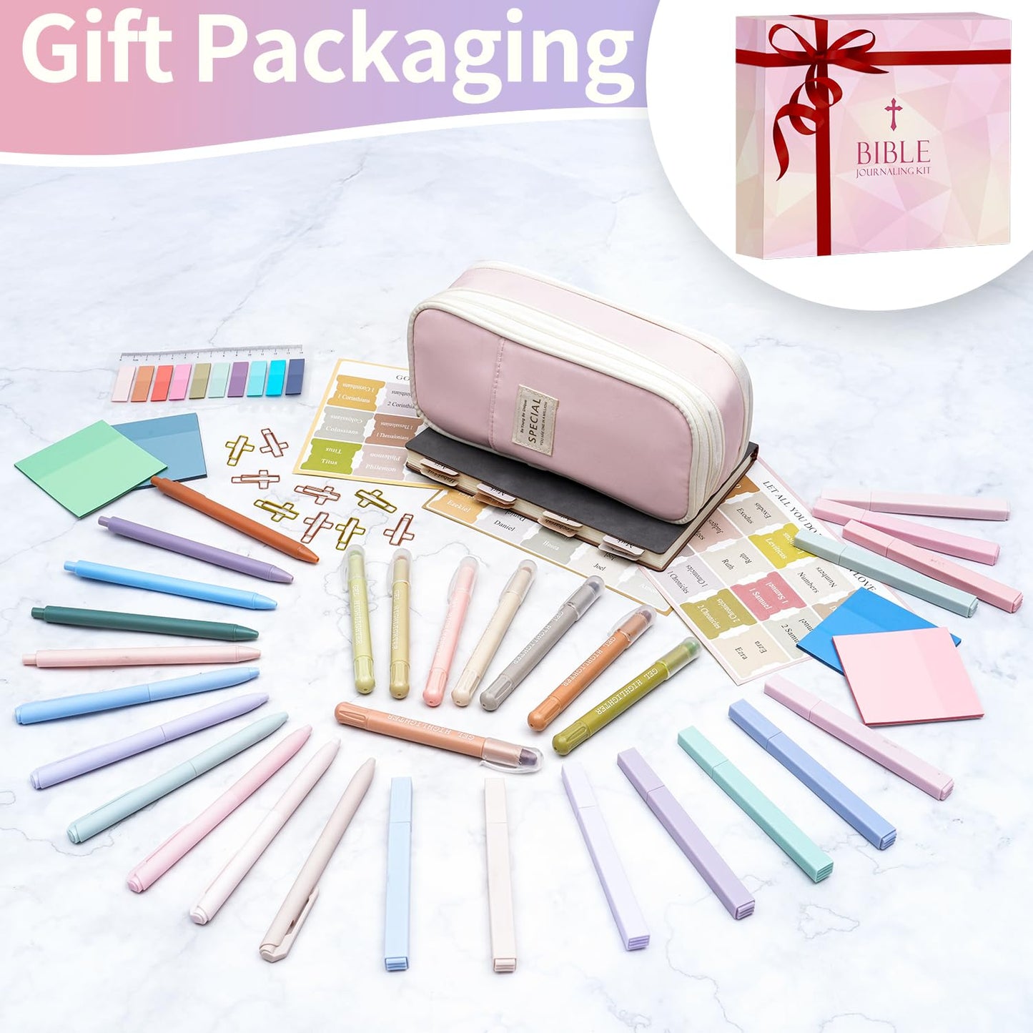 KOPKOFT Bible Study Supplies, Bible Journaling Kit for Women with Journal, Pen Case, Tabs, Highlighters and Pens, Bible Accessories Set for Women Students Beginner, Christian Gifts (Pink)