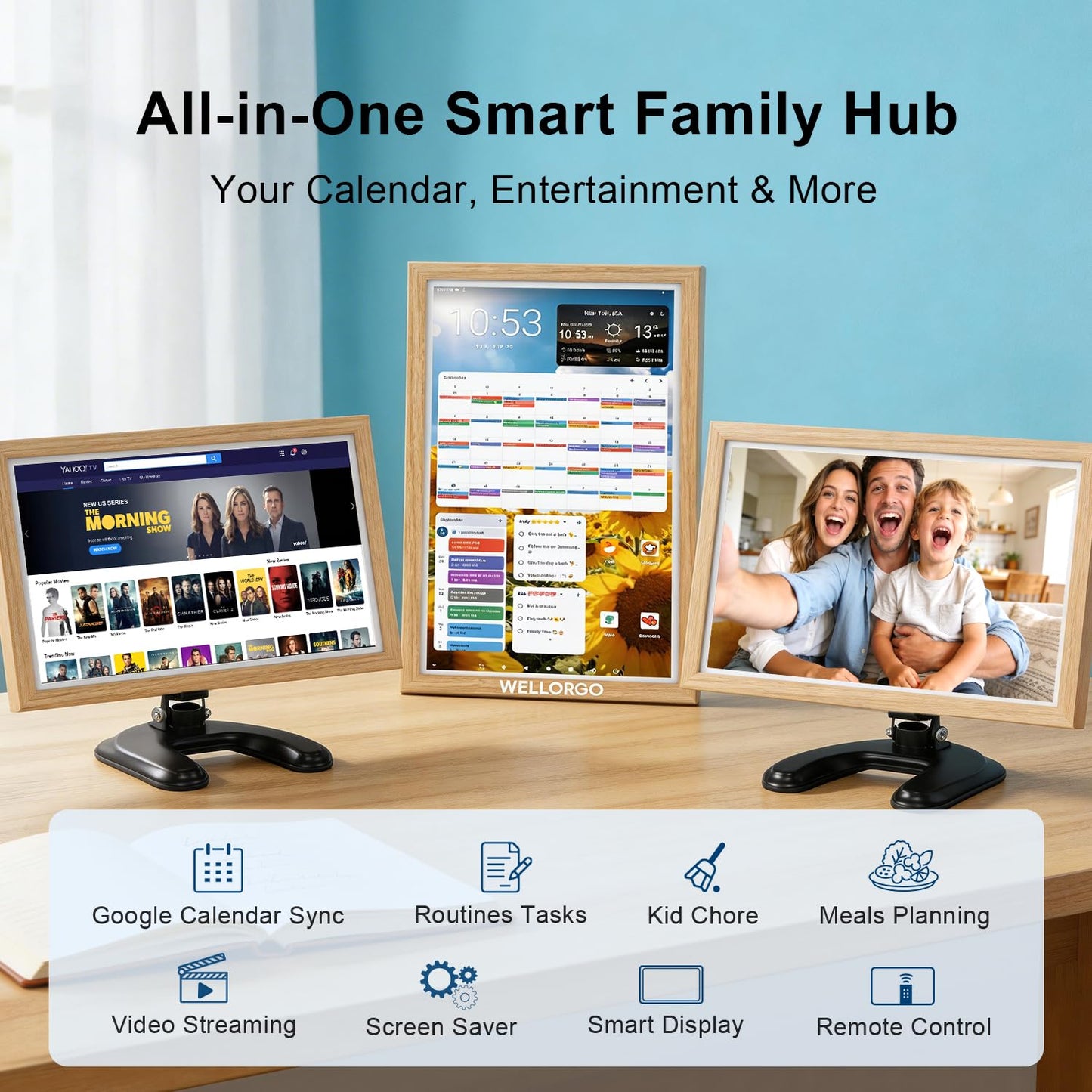WELLORGO Smart Digital Calendar, 21.5” Electronic Planner with FHD Touch Screen & Remote Control, Electric Family Organizer with Chore Chart Google Play Customizable App, Picture Frame Desk Tablet