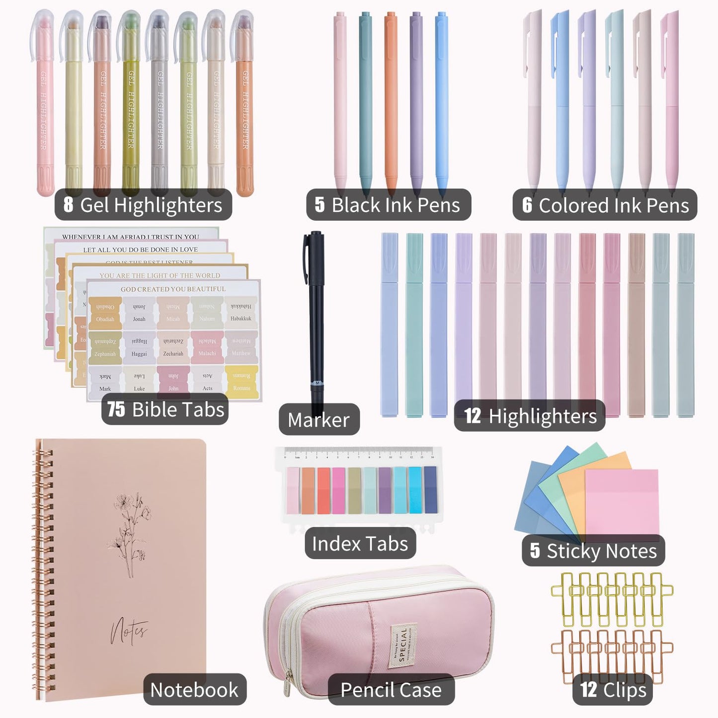KOPKOFT Bible Study Supplies, Bible Journaling Kit for Women with Journal, Pen Case, Tabs, Highlighters and Pens, Bible Accessories Set for Women Students Beginner, Christian Gifts (Pink)