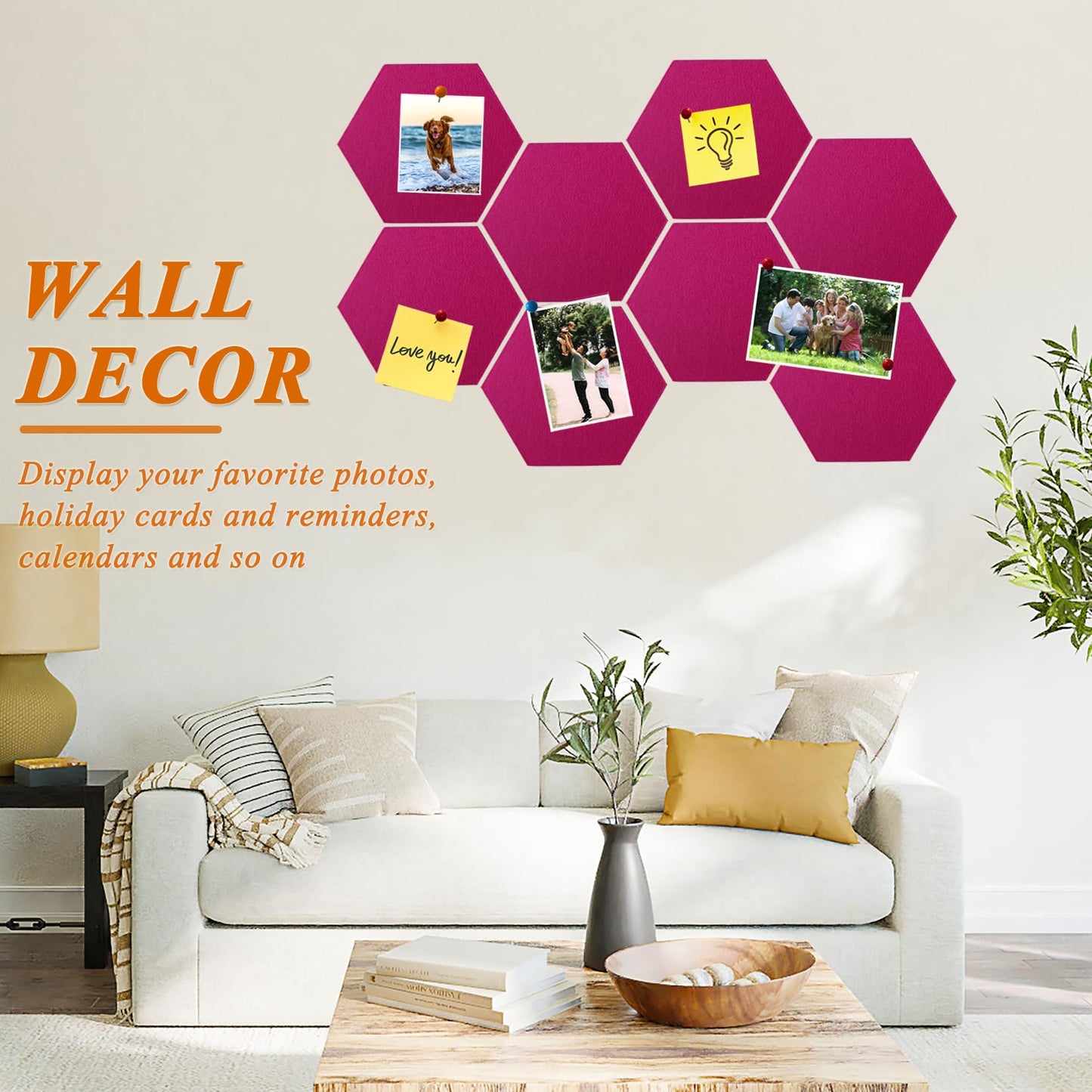 HULAVO 8 Pcs Hexagon Felt Cork Bulletin Board Tiles, Self Adhesive DIY Bulletin Board Pin Board for Office School Home Wall Decor Memos Photos Display(Rose Red)