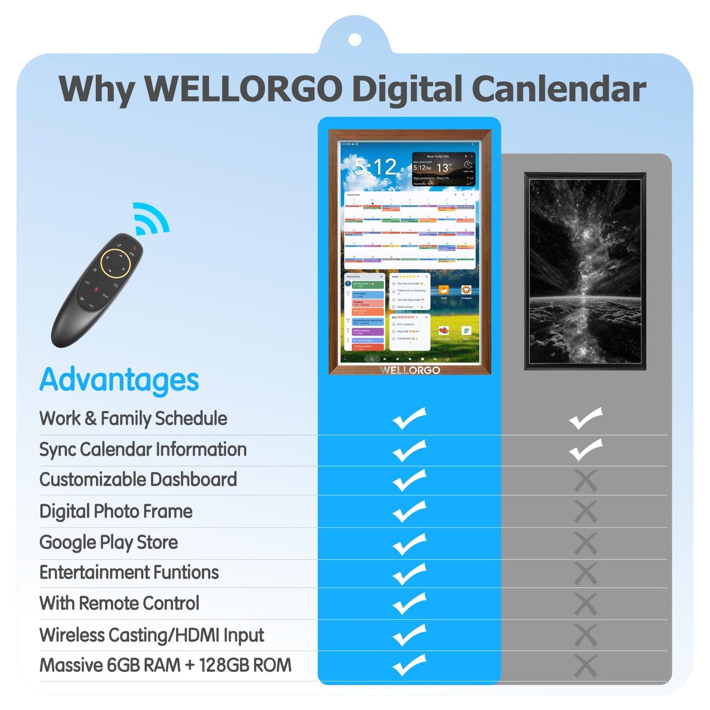 Wellorgo 24" Digital Calendar, Electronic Smart Calendar for wall, Family Daily Planner/Chores Chart for Kids, Touch Screen with Remote, Streaming Apps Available, Adjustable Wall Mount & Picture Frame