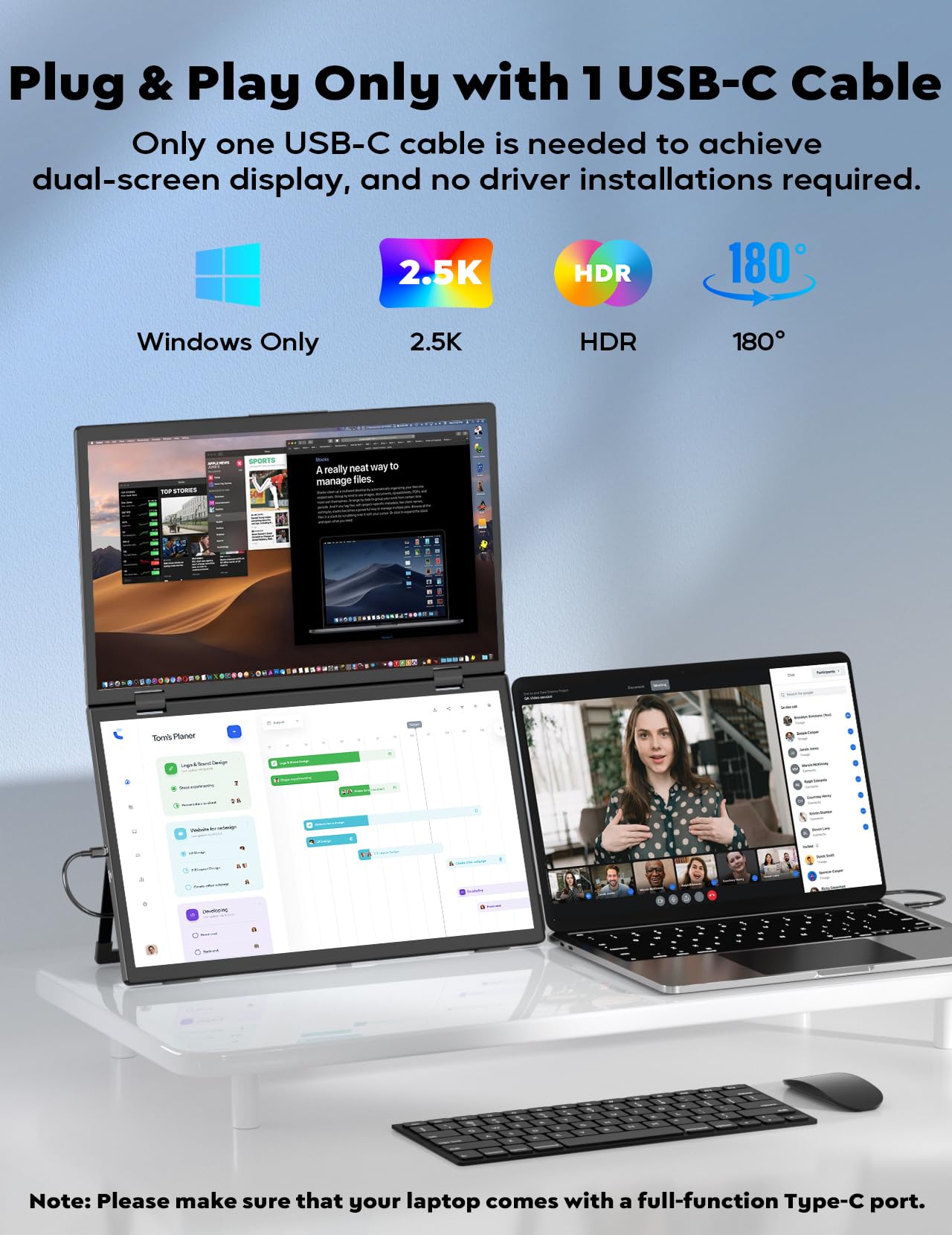 ZSCMALLS 2.5K Dual Monitor(Wins Only), Triple Laptop Screen Extender, 15.6" QHD Folding Stacked Portable Dual Monitor, USB C Travel Extended Computer Display, 180°Rotation, Plug & Play for Laptops