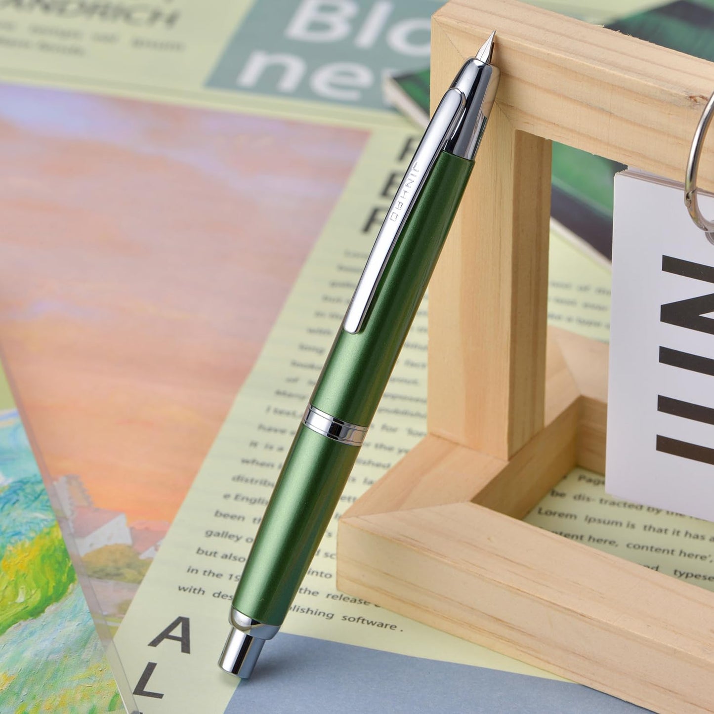 Jinhao 10 Press Fountain Pen with Box, Sea Pine Green Retractable Extra Fine Nib with Ink Converter Set (Silver Clip)