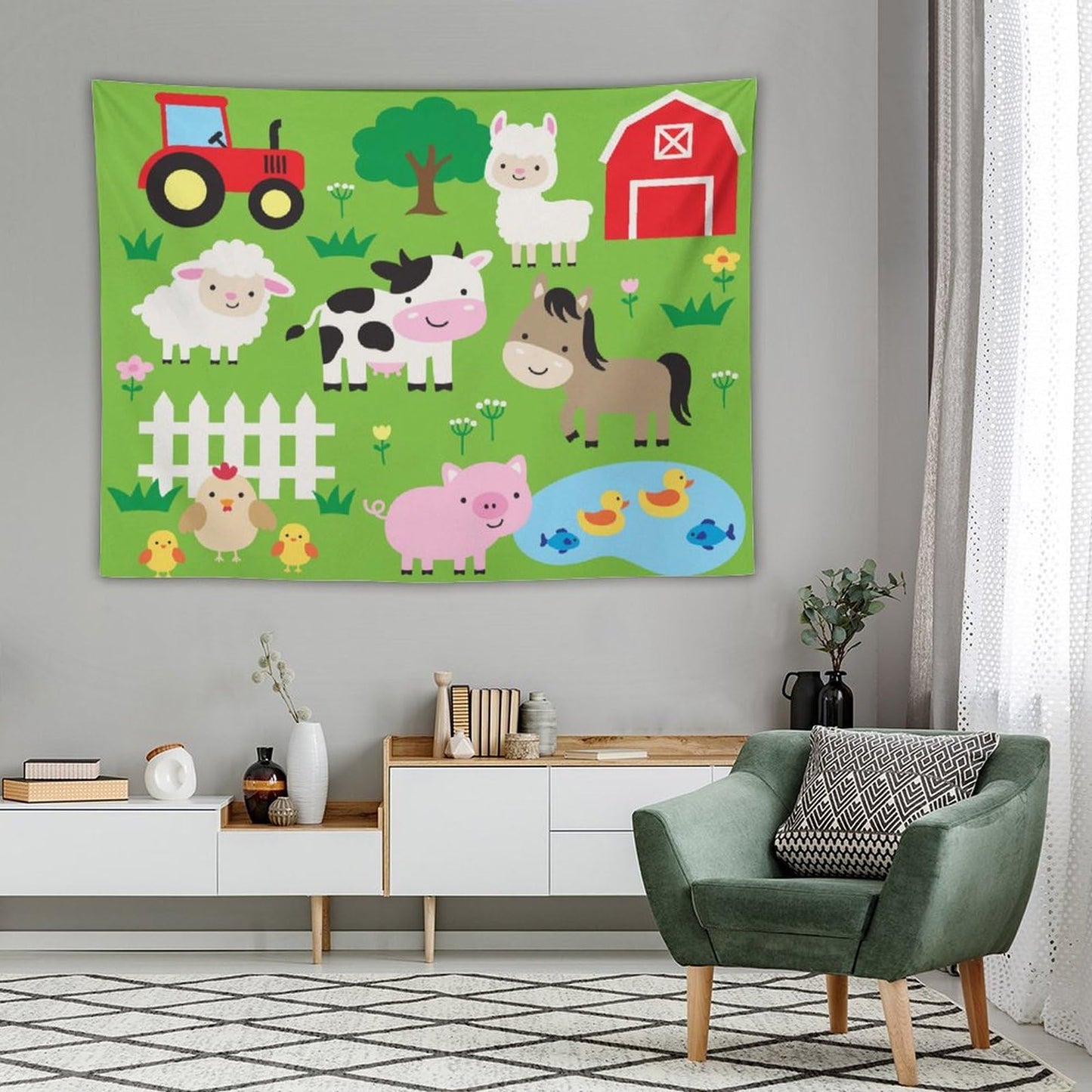 DDCBNS Cute Animal Tapestry, Cartoon Farm Animal Wall Hanging for Baby Kids' Rooms, Green Color, 80" x 60"