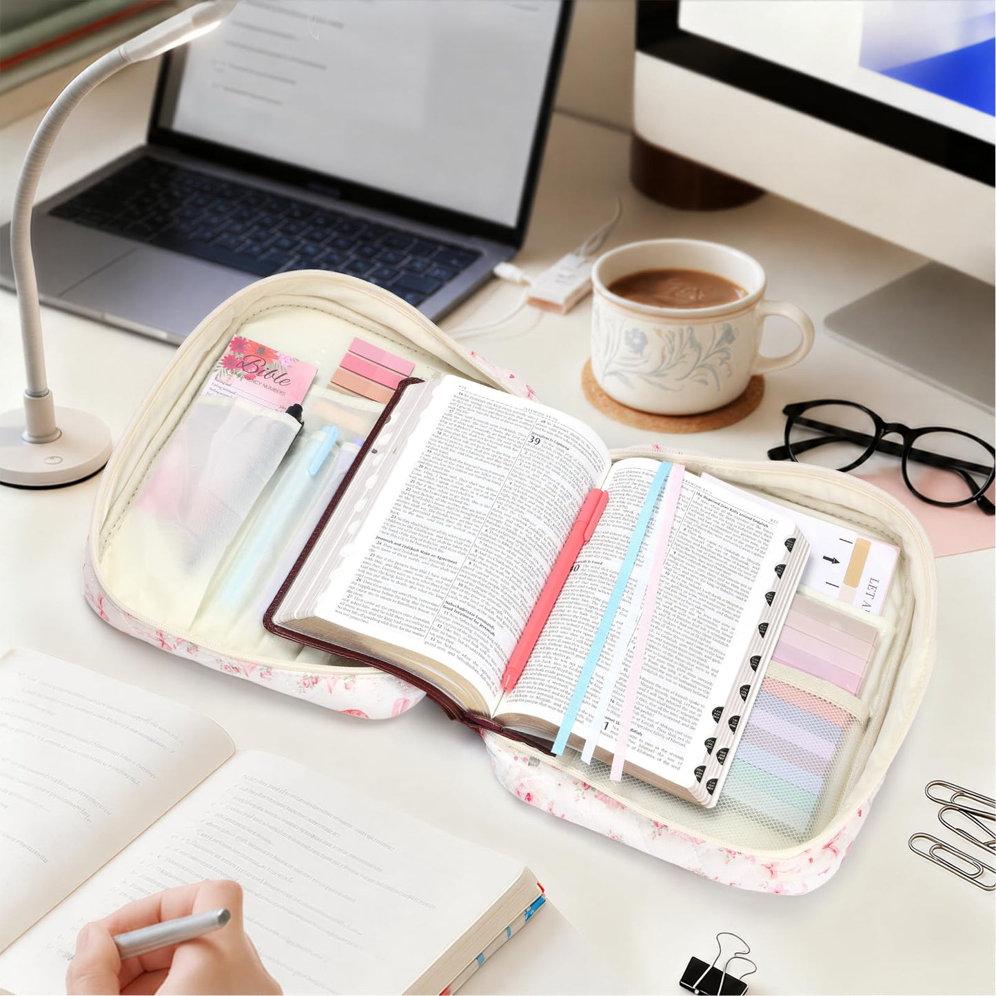 XKDOUS Bible Cover for Women Church Book Holder Quilted Carrying Case with Handle, Tabs, Study Supplies Portable Bible Bag Journaling Kit Christian Gifts for Mom Lady