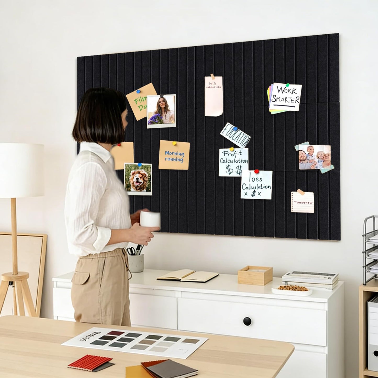 15 Pack Felt Bulletin Board, 35" x 59" Large Black Pinboard with 30 Push Pins, Felt Pin Board, Self-Adhesive Cork Board Tiles for Home, Office Walls, School Classroom Message Photos Display