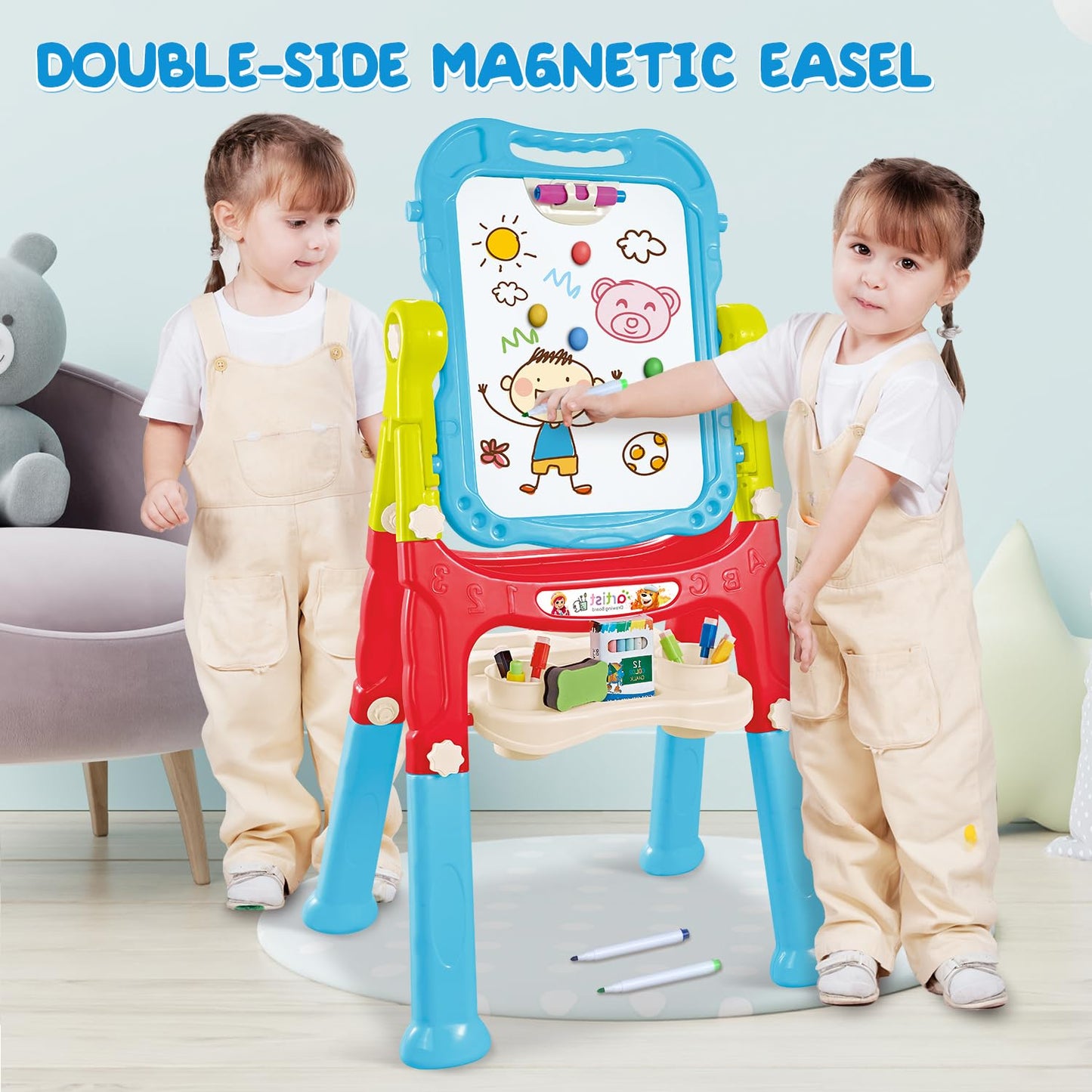 Toddler Art Easel for Kids, Double-Sided Magnetic Whiteboard & Chalkboard with Painting Accessories, Rotatable Easel Toy Gift for Boys and Girls