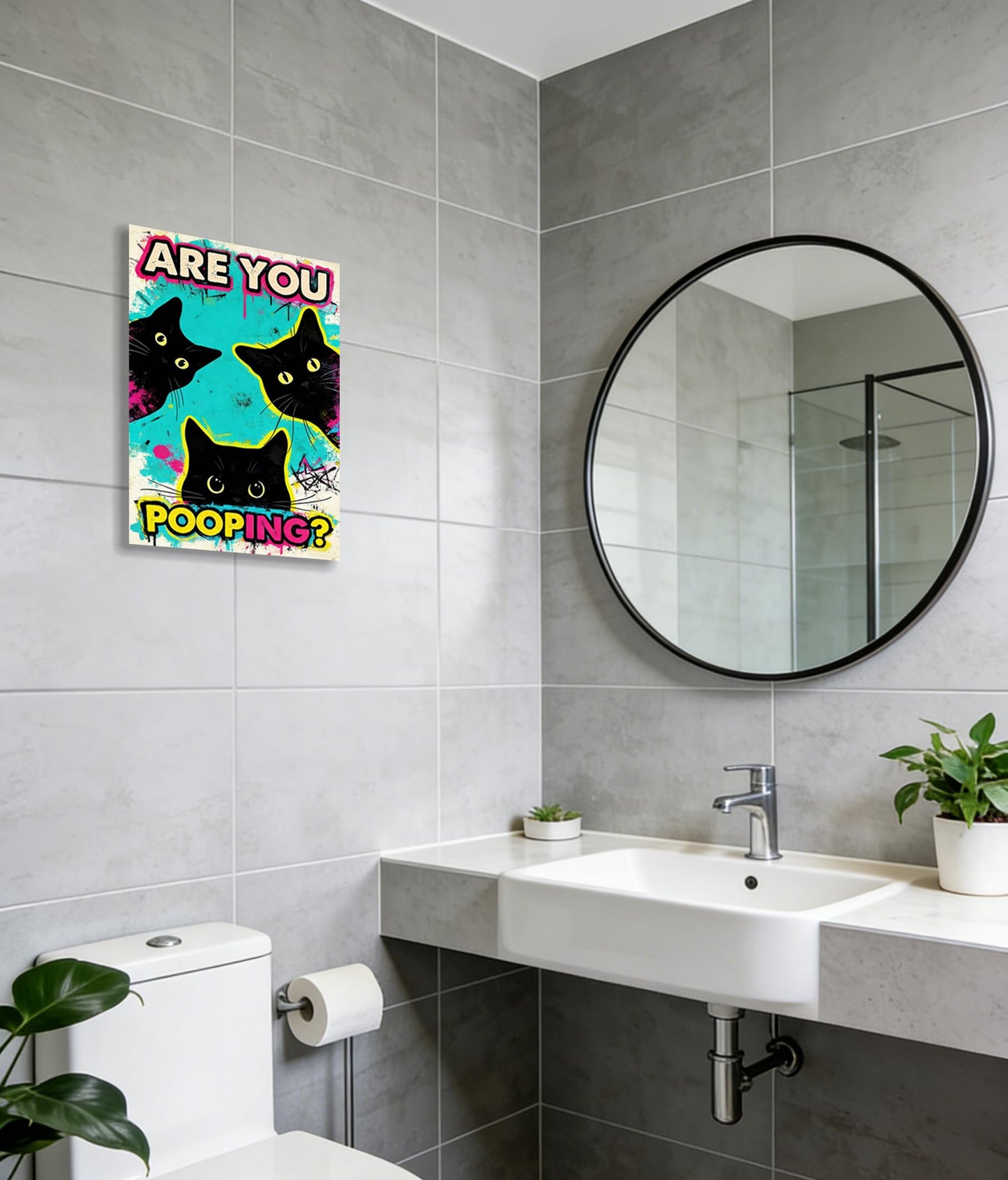 DUFIPOR Funny Black Cat Bathroom Wall Art, Are You Pooping? Graffiti Pop Art Canvas Prints, 12x16 Inch Humorous Bathroom Decor for Washroom Restroom, Trendy Cat Lover Gifts for Bathroom Wall Decor
