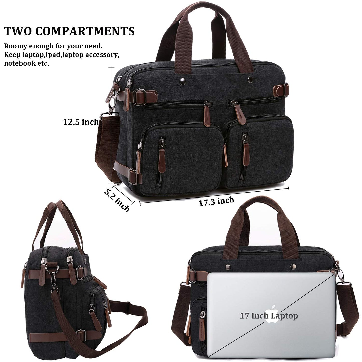 CROCOD 3 In 1 Canvas Convertible Laptop Bag for Men Women, 17.3 inch Laptop Messenger Bag Work Briefcase, Computer Shoulder Bag for Travel Business Office (17.3 Inch, Black)