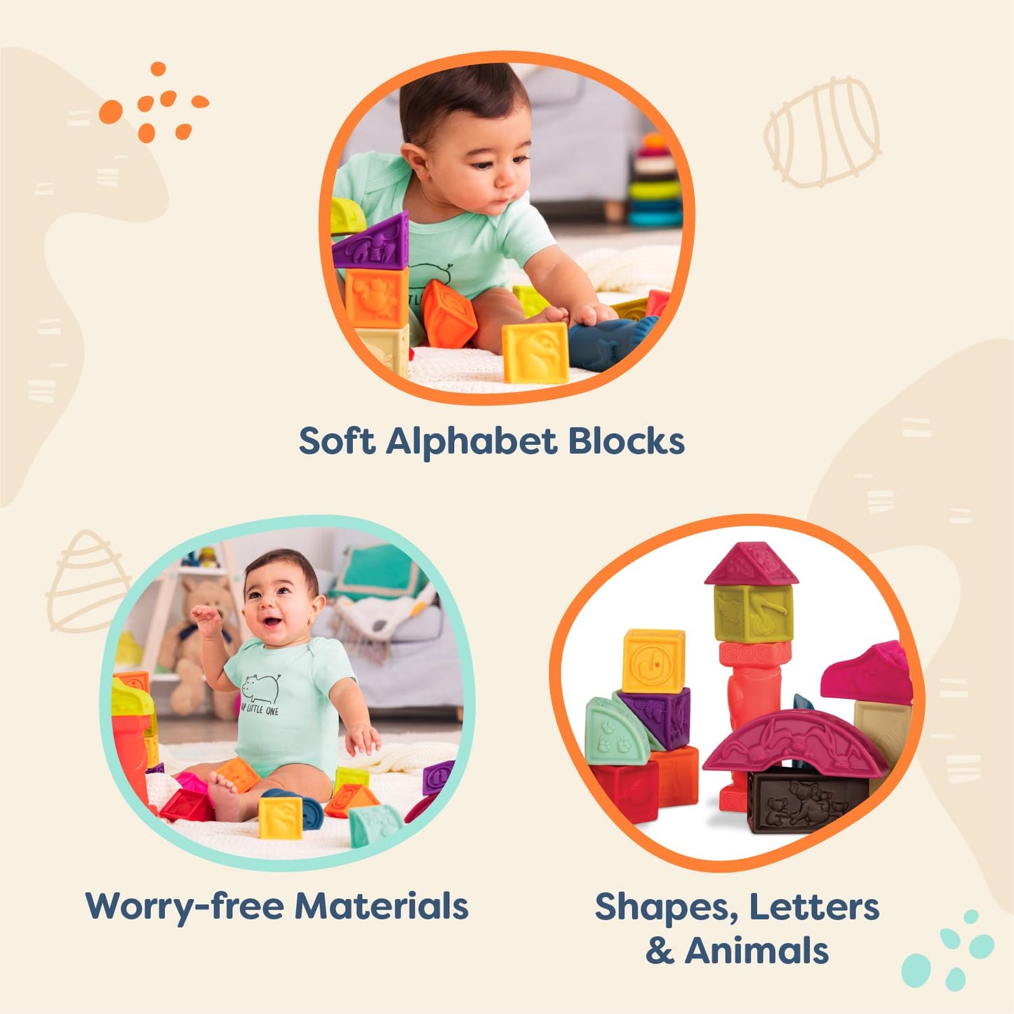 B. toys – Elemenosqueeze – Baby Blocks – 26 Soft Sort & Stack Blocks with Alphabet – Architectural Building Blocks – Shapes, Letters & Animals – 6+ Months