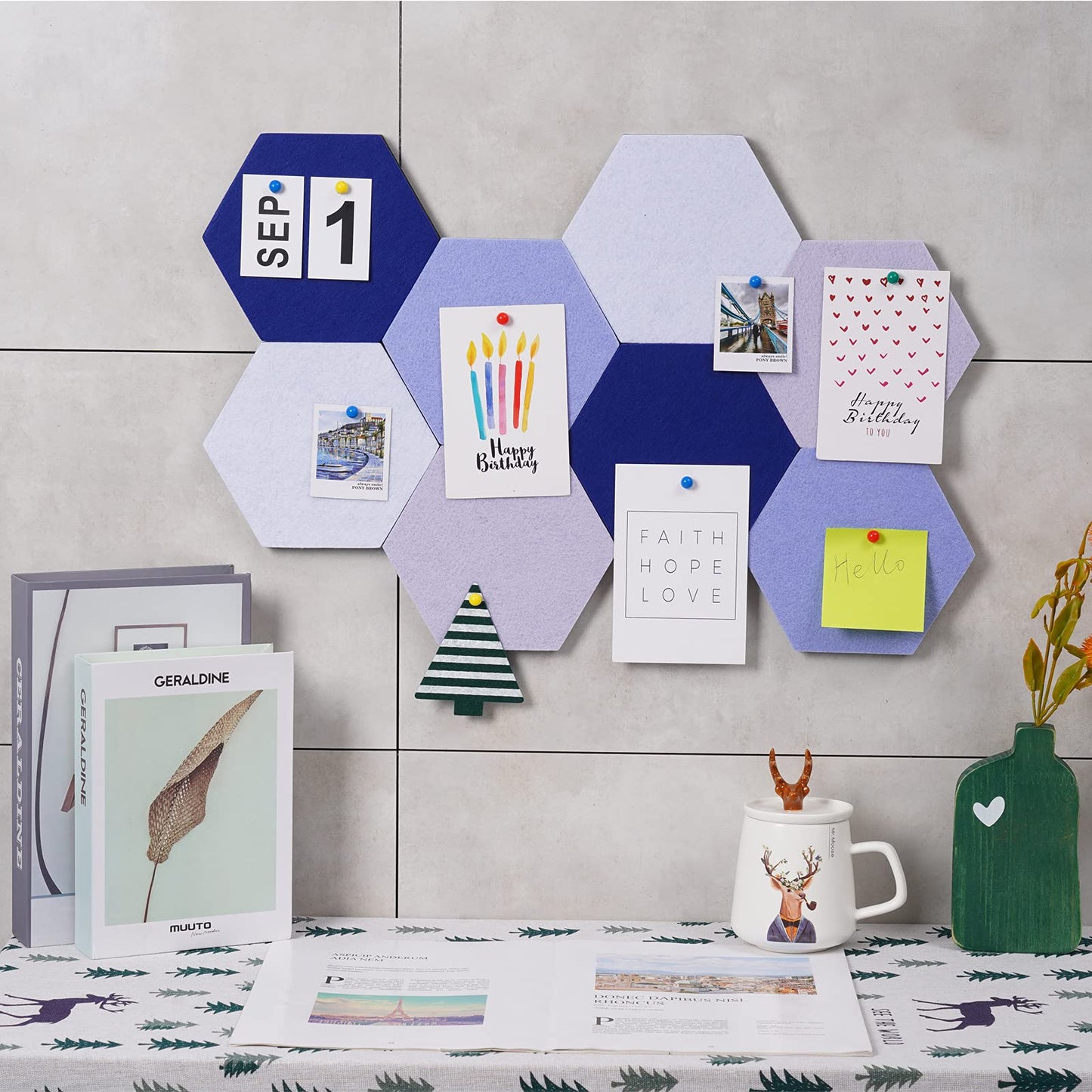 Afumazi 8Pcs Hexagon Felt Cork Board Tiles Self Adhesive Bulletin Board, Pin Board for Wall Decor Memos Photos Display (Set B)