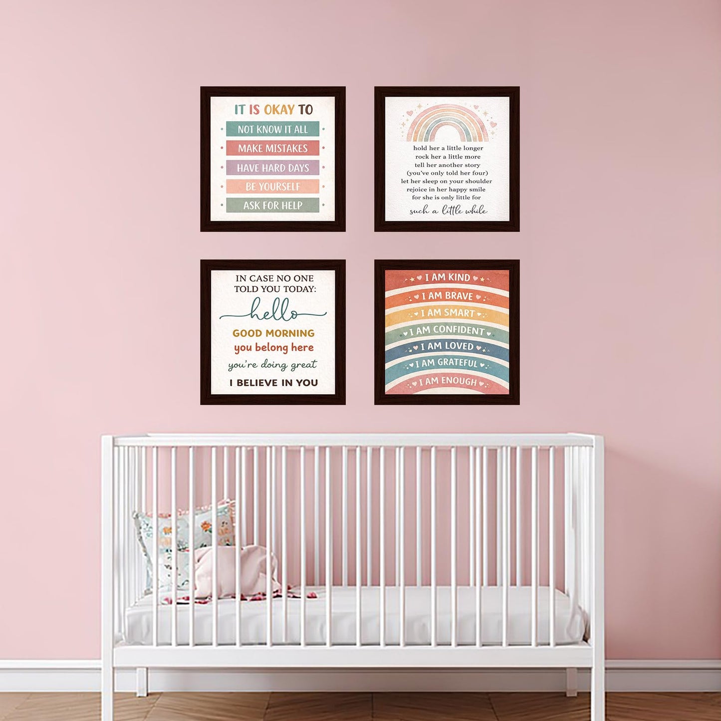 Ynjzk Baby Girl Nursery Wall Decor Wooden Framed Sign Kids Rainbow Wall Art Positive Posters Quote Art Hold Her a Little Longer Sign 8x8 Inch