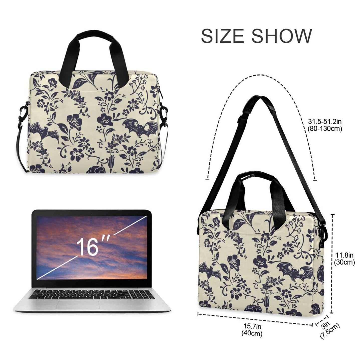 Goth Bat Flower Laptop Case 15.6 inch Computer Bag Waterproof Laptop Briefcase Laptop Bag for Women & Men