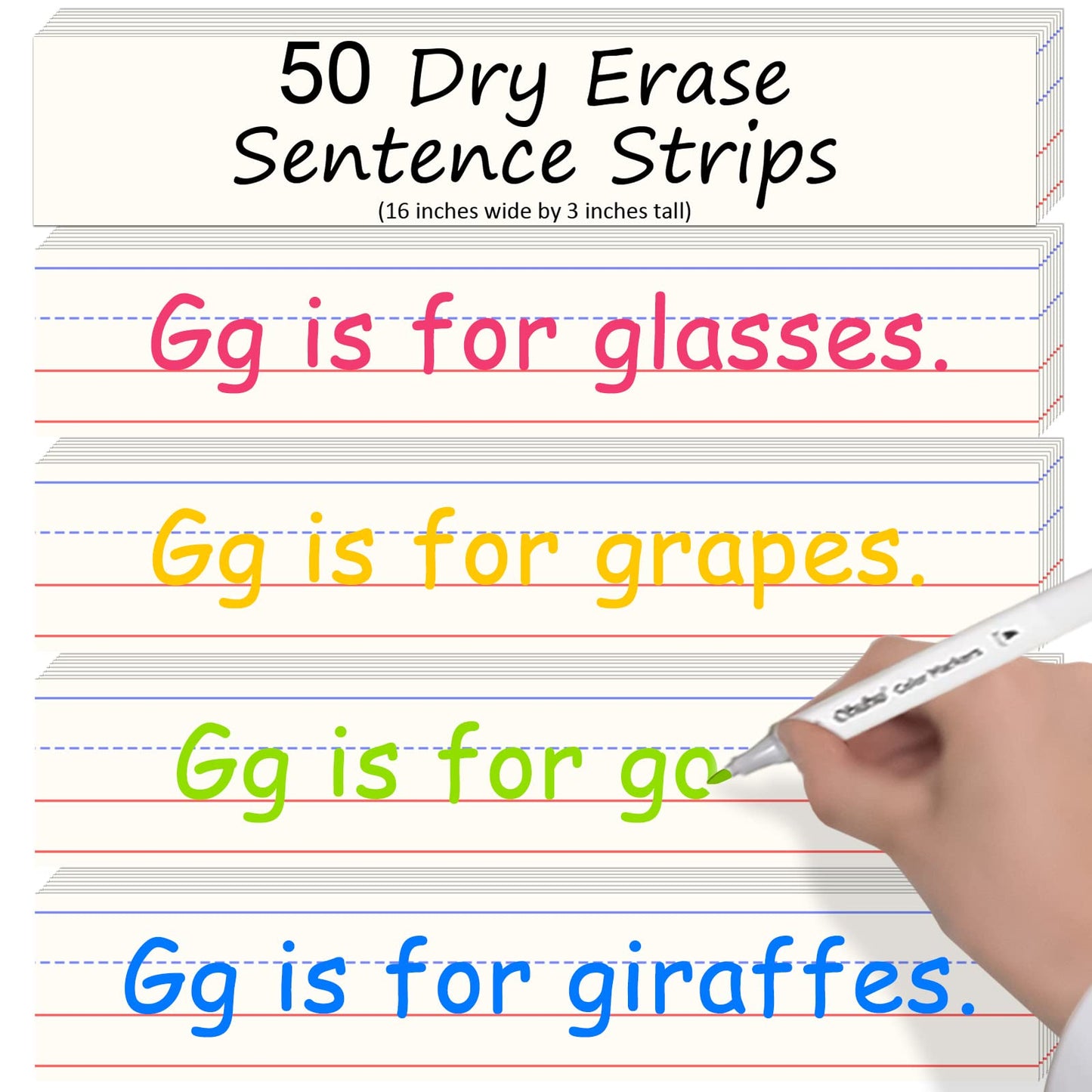 Godery 50 Pack Dry Erase Sentence Strips 16"X3" – Write and Wipe Away – Reusable Classroom Learning Tool for Your Standard Pocket Charts