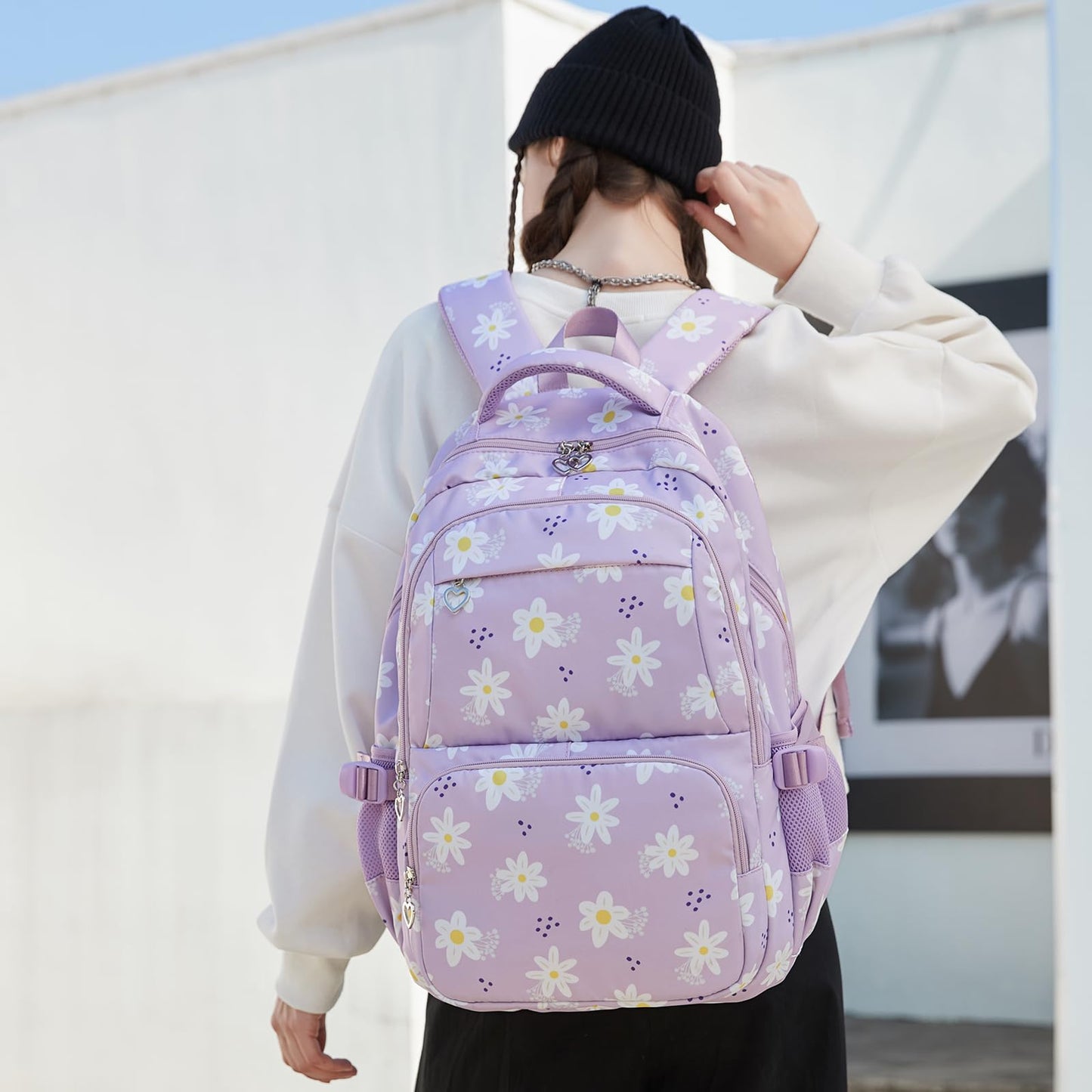 Sugaroom Daisy Prints School Backpack for Girls Backpack with Lunch Box Lightweight Water Resistant Kids Backpack Elementary Primary Middle School Bags Bookbags Set