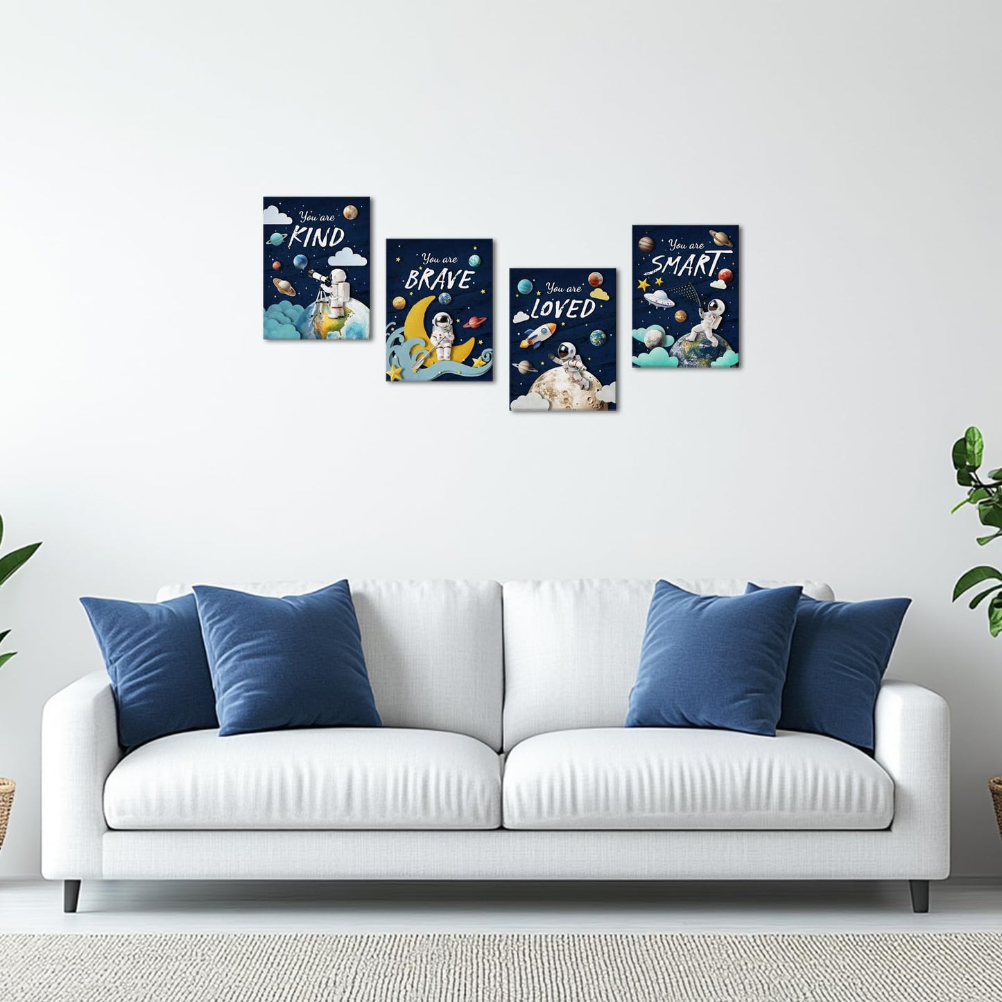 LoveHouse Space Wall Art Astronaut Kids Room Wall Decor Inspirational Quotes Canvas Prints Cosmic Painting for Nursery Classroom (Deep Blue)