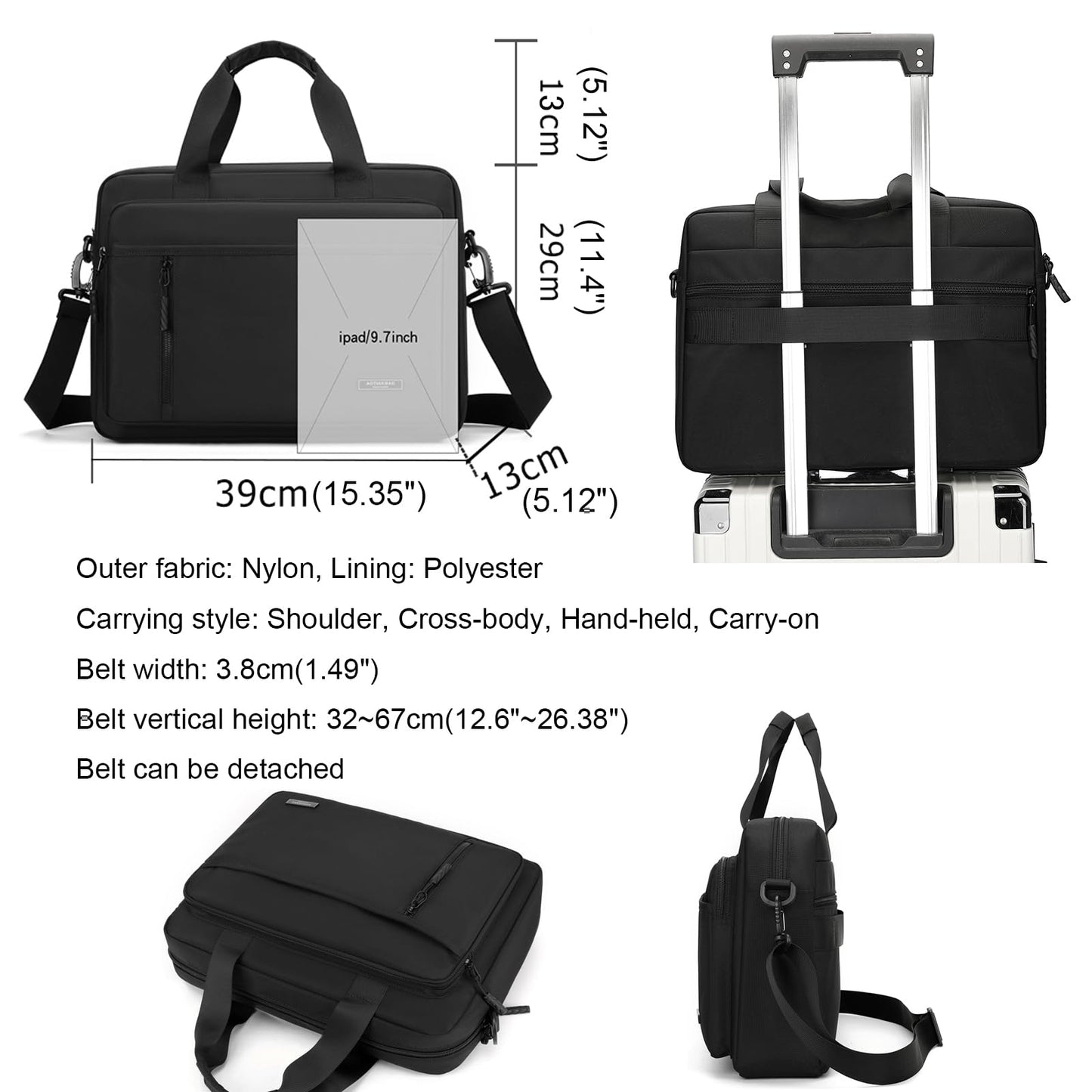 natyrlpog Laptop Bag 14 Inch Briefcase for Men Women Waterproof Nylon Lightweight, Shoulder Messenger Handbag for Business Office Work Travel College Black