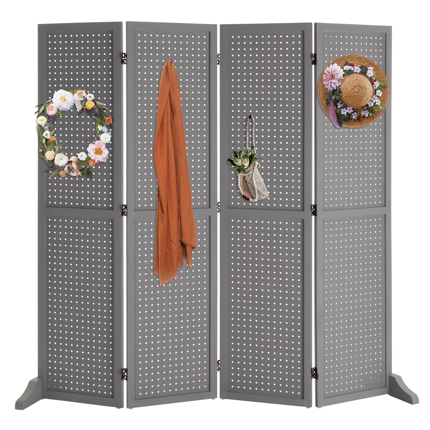 Bonnlo 4 Panel Pegboard Freestanding, 5 FT Portable Display Board Organizer for Craft Show Jewelry, Wooden Folding Privacy Screen Room Divider (with Base, Grey)