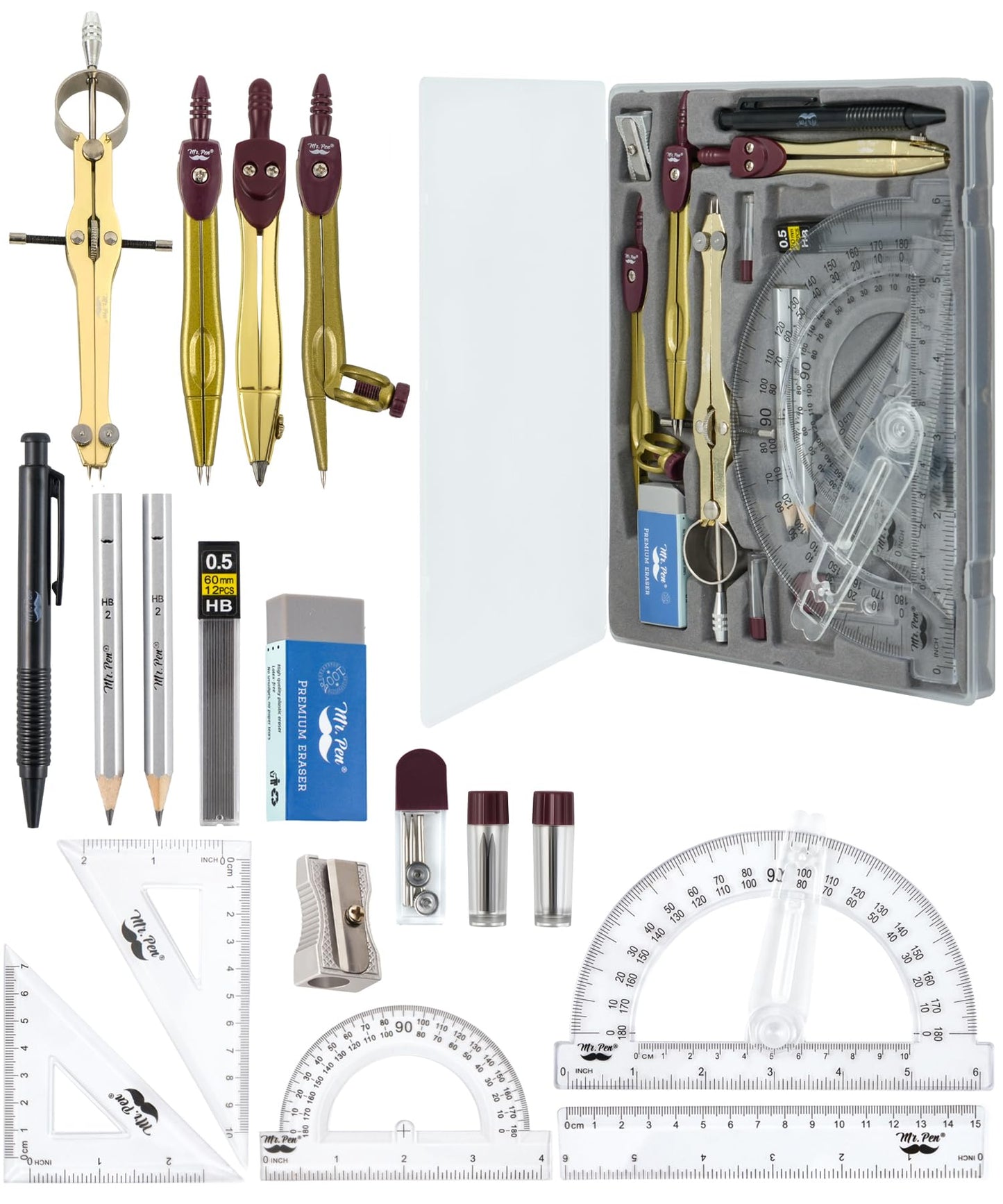 Mr. Pen- Geometry Set, 15 pcs, Gold, 6 Inch Swing Arm Protractor, Divider, Set Squares, Ruler, Compasses and Protractor