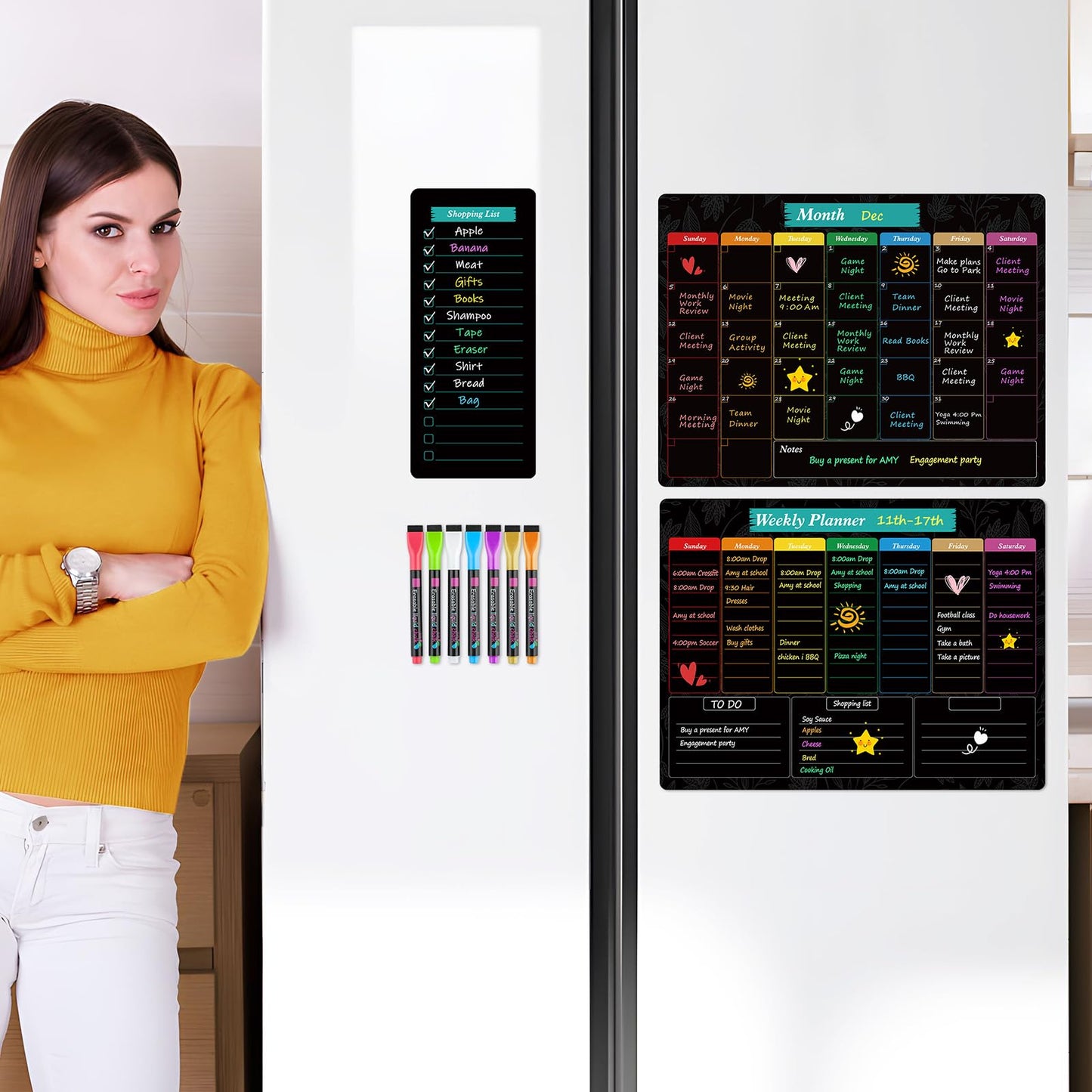 MaxGear Black Magnetic Calendar for Refrigerator, 16x12 Monthly and Weekly Dry Erase Fridge Whiteboard, Menu Schedule Planner Board, to-Do List, Notepad with 7 Markers,1 Eraser, and 1 Shopping List