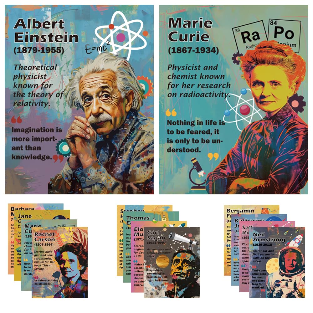 Magictodoor Science Classroom Decor Set: 15 Vibrant 11x14 Posters Featuring Notable Scientists for Middle School, Bulletin Boards, and Engaging Science Classrooms