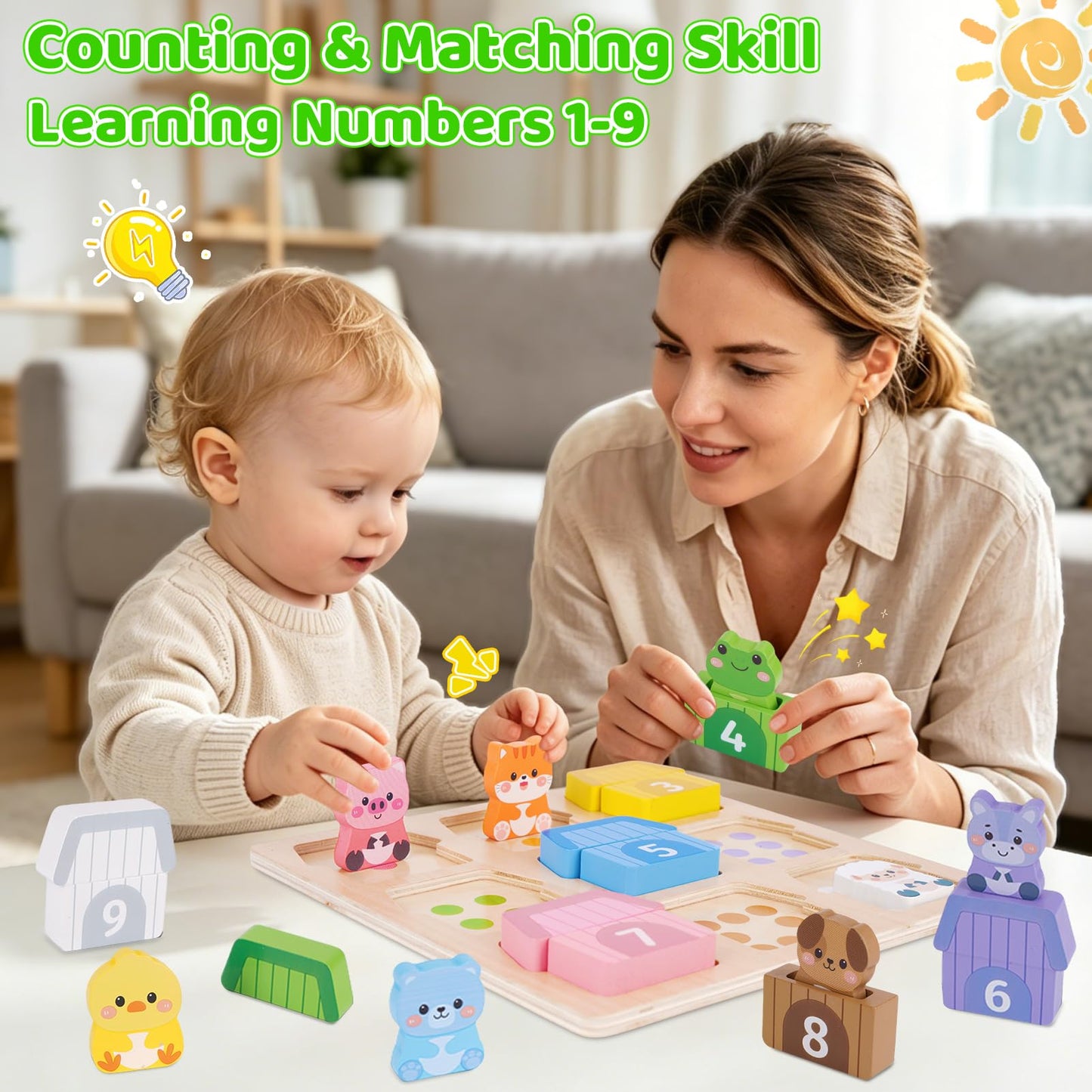 Montessori Wooden Farm Animals Toys for 1 2 3 Year Old Toddlers - Counting, Matching & Sorting Fine Motor Games, 1st Birthday Gifts for 1-2 Years, Learning Toys for Baby Boys Girls Age 12-18 Months