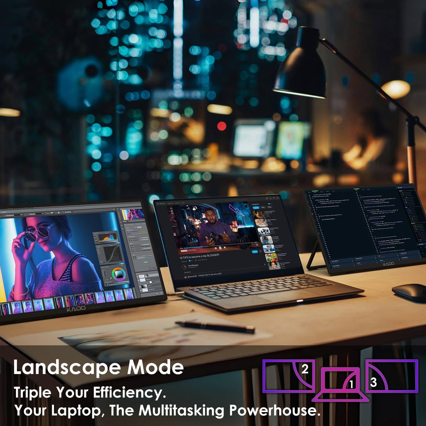 Kado Dual Portable Monitor Setup - 2-Pack 15.6" 1080p IPS Triple Monitor Extender for Laptop, 1920x1080 HDMI USB-C 180° Kickstand Built-in Speakers, Stacked Desktop Setup Office Gaming Daytrading
