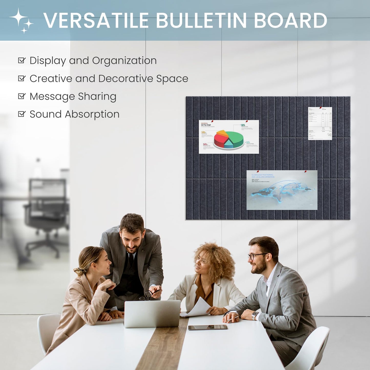 Large Cork Bulletin Board for Wall 36"x24", 6 Pack Felt Slat Wall Panel Tiles with 30 Pushpins, 25 Safe Removable Adhesive Tabs, Decorative Pin Board Tack Board for Office Home School