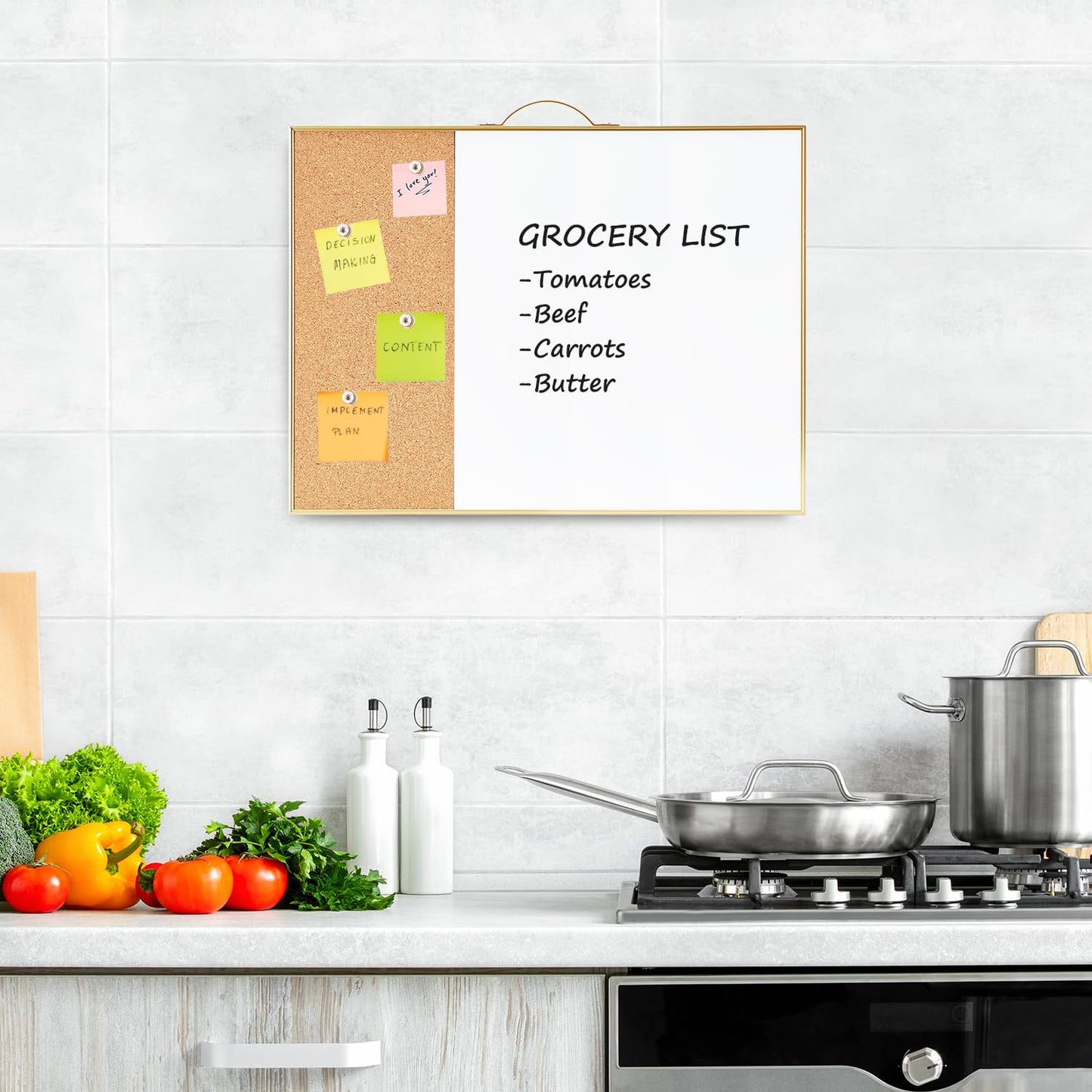 Small Cork Board Whiteboard Combo - 12" X 16" Portable Aluminum Gold Framed Magnetic Dry Erase Board for Wall, Mini Bulletin CorkBoard with a Handle for Office, Home and School