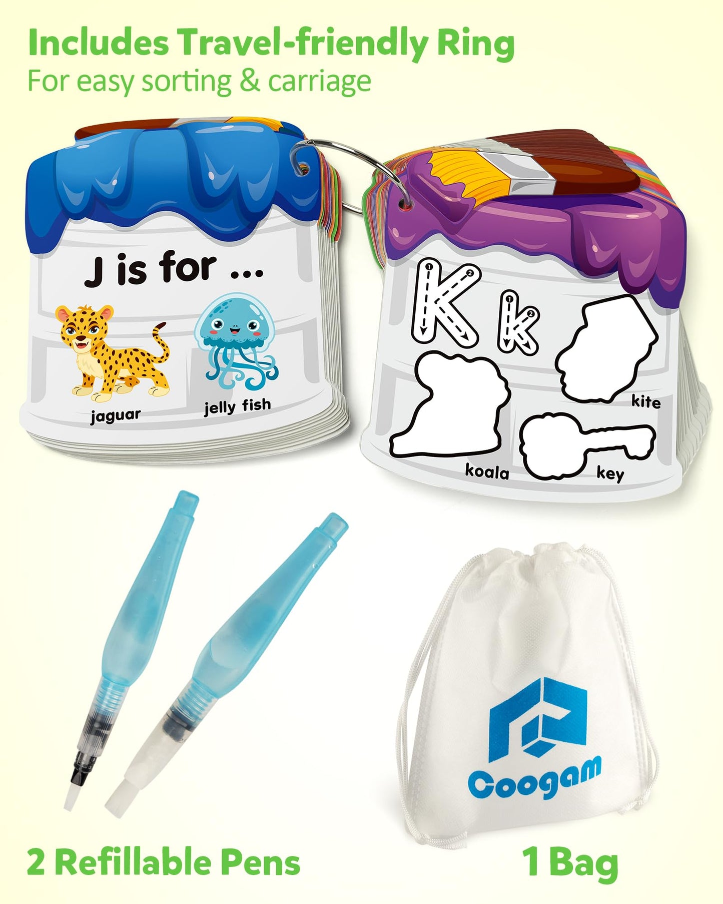 Coogam Water Painting Cards with Learning Alphabet, Reusable Aqua Painting Doddle Vocabulary Flash Cards, ABC Words Learning Educational Montessori Toy Gift for 3 4 5 Year Old Kids