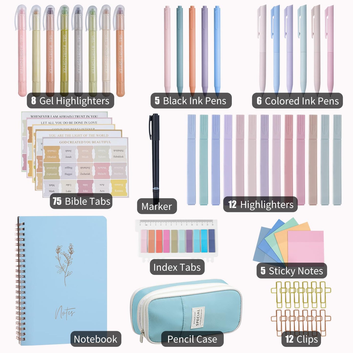 KOPKOFT Bible Study Supplies, Bible Journaling Kit for Women with Journal, Pen Case, Tabs, Highlighters and Pens, Bible Accessories Set for Women Students Beginner, Christian Gifts (Blue)