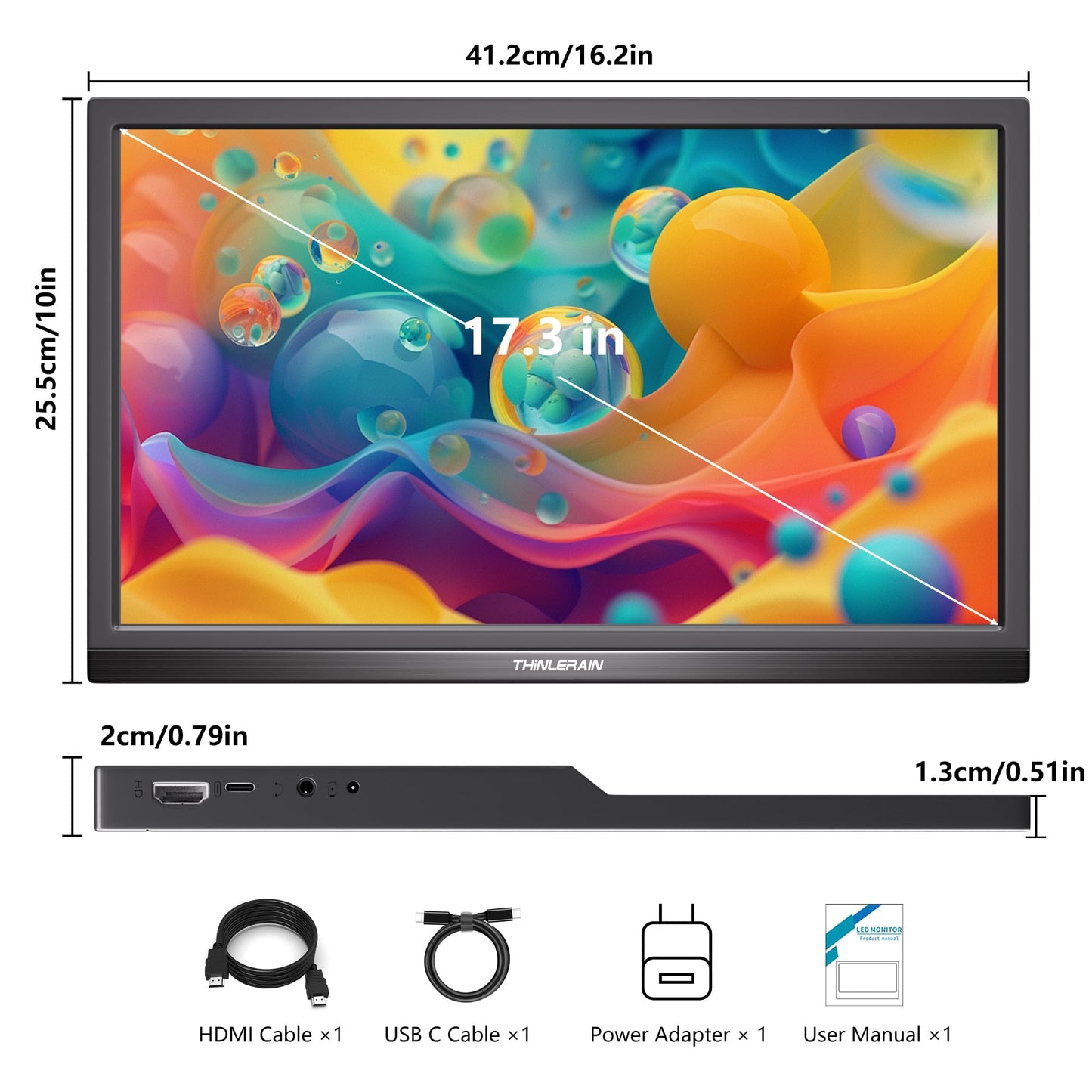 Thinlerian 17.3 Inch Portable Monitor 1600x900 HD Resolution with USB-C HDMI Dual Speakers, External Display Second Screen for Laptop PC Phone, Travel, Office
