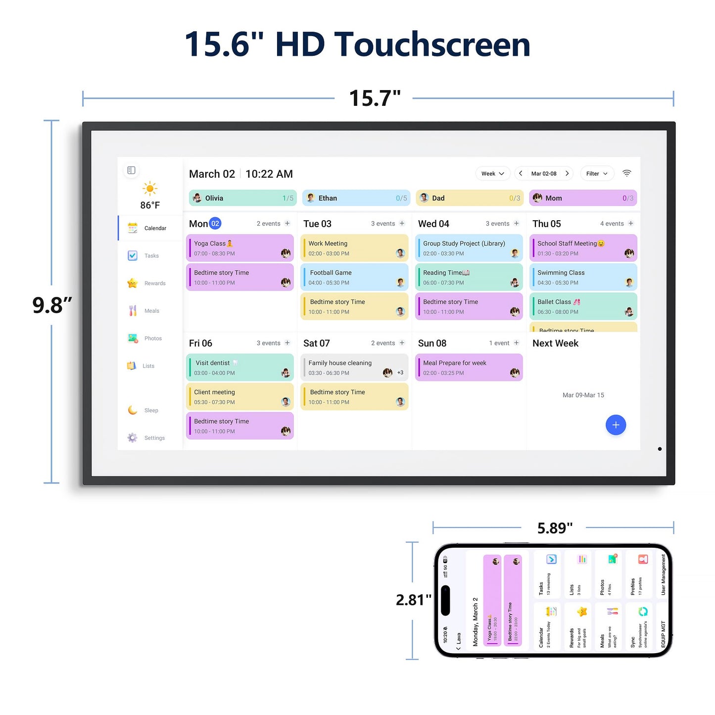 Digital Calendar, 15.6 Inch Wall Planner Electronic Calendar & Chore Chart, Smart Touchscreen Interactive Display for Family Schedules, Great for Organizing Your Routines, Wall & Desk Mountable