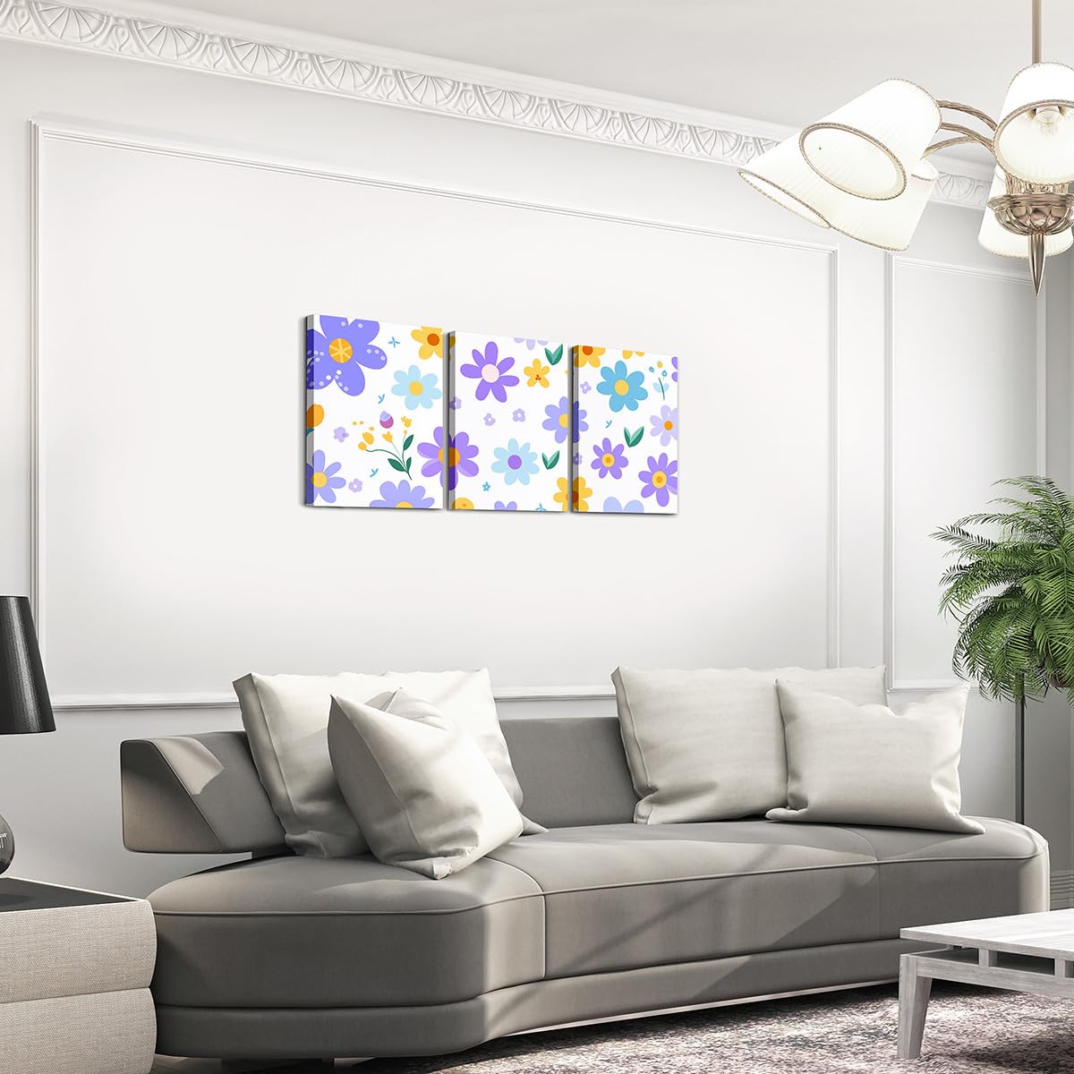 Feelyou Cute Flower 3 Piece Canvas Wall Art for Living Room Bedroom Cartoon Cute Floral Office Decor Artwork Purple Yellow Wall Art for Home Decor Kawaii Picture Posters