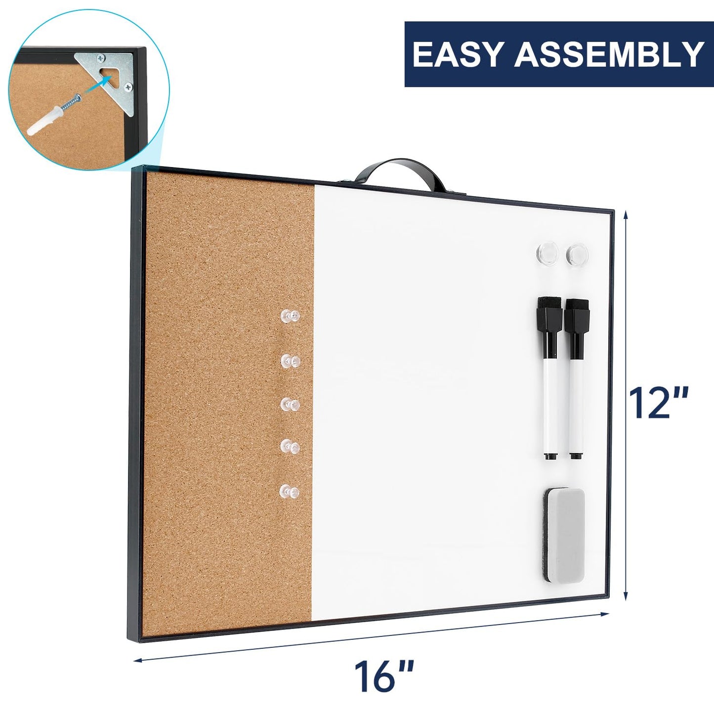 Small Cork Board Whiteboard Combo - 12" X 16" Portable Aluminum Black Framed Magnetic Dry Erase Board for Wall, Mini Bulletin CorkBoard with a Handle for Office, Home and School