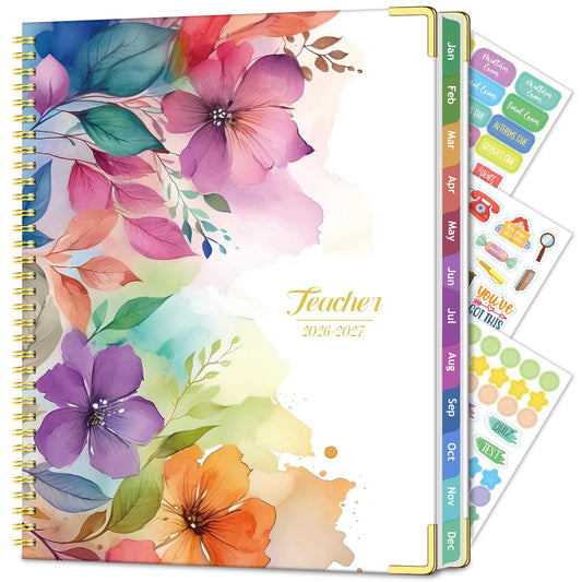 Teacher Planner 2026-2027, Jul 2026-Jun 2027 Academic Year, 8.5" x 11" Lesson Planner Book for Teacher Calendar, Spiral Bound Planners, Planning Stickers, Colorful Monthly Tabs, Flower