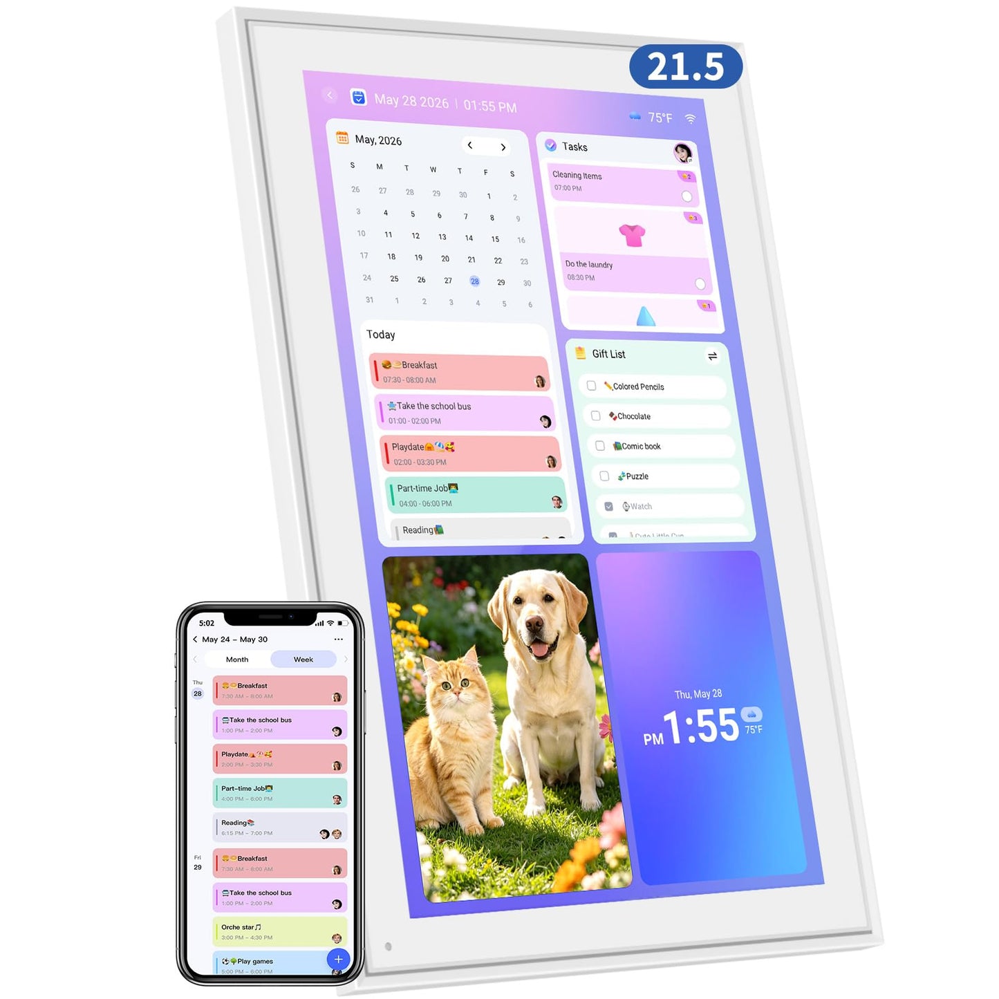 21.5 Inch Digital Calendar Wall Touch Screen, Smart Electronic Calendar with Digital Photo Frame, Family Planner & Chore Chart Reward System, Sync Google iCloud Outlook, Gift for Mom Women