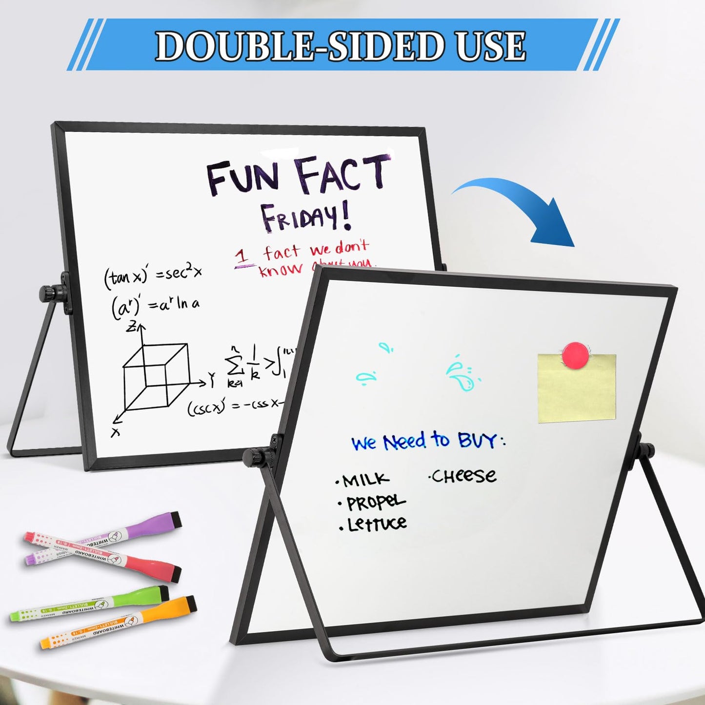 AMUSIGHT Dry Erase Magnetic White Board, 16" x 12" Black Framed Double-Sided Desktop Whiteboard with Stand, Portable Small Whiteboard Set for Drawing, Office, Home, School