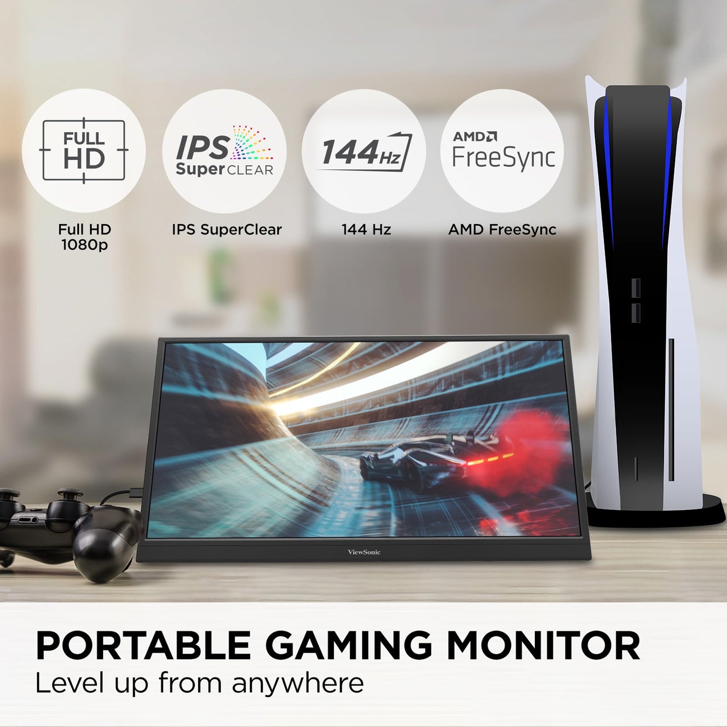 ViewSonic VX1754 17 Inch 1080p Portable Gaming Monitor, IPS Display with 144Hz for Second Screen Productivity and High-Speed Gameplay, Built-in Stand, 60W USB-C, and Mini HDMI Inputs