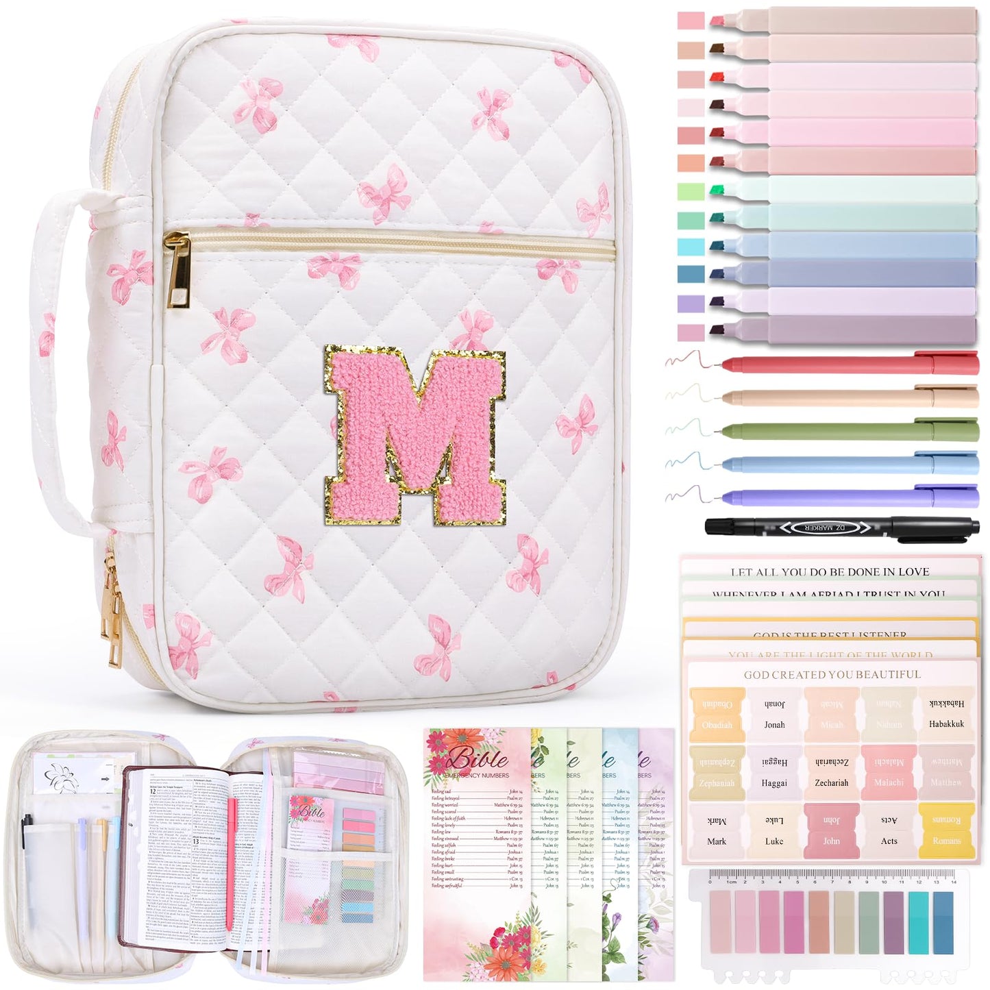 XKDOUS Bible Cover for Women Quilted Bible Bag Church Book Carrying Case with Letter M, Handle, Study Supplies Organizer Portable Church Book Carrier Christian Gifts for Mom, Lady