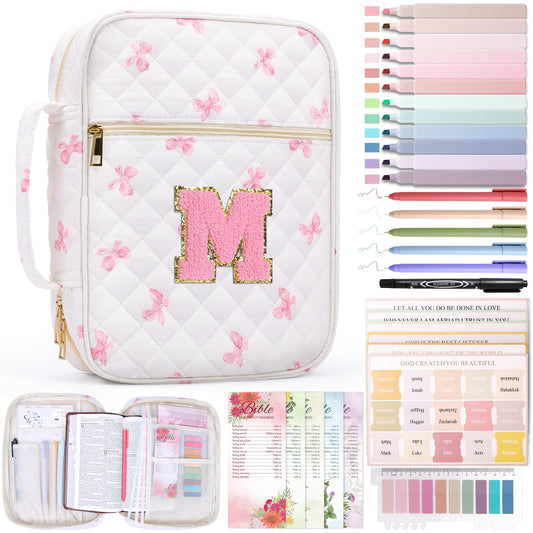 XKDOUS Bible Cover for Women Quilted Bible Bag Church Book Carrying Case with Letter M, Handle, Study Supplies Organizer Portable Church Book Carrier Christian Gifts for Mom, Lady