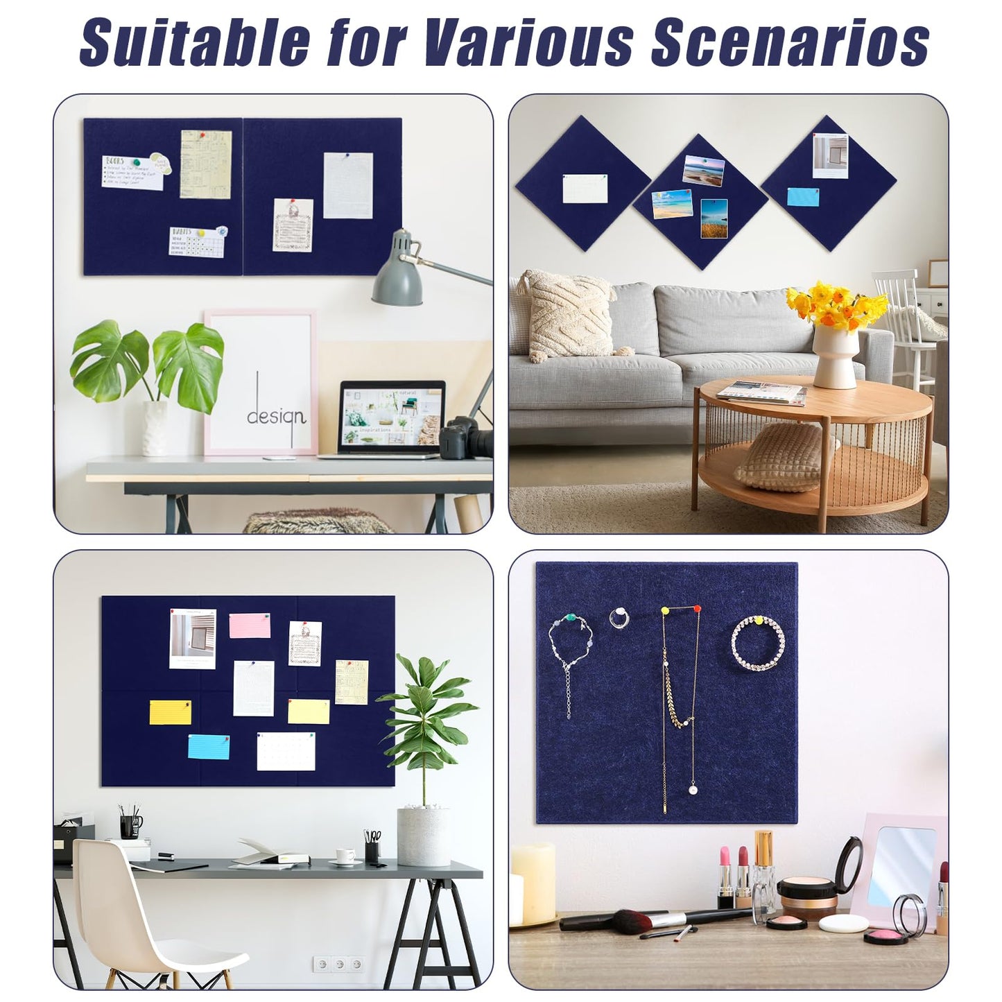 Large Cork Board 36" x 24", 6 Pack Felt Bulletin Board with 30 Pushpins, Cork Boards Alternative with Self-Adhesive Strips, Felt Wall Tiles Pin Boards for Walls Office Home School Decor-Dark Blue