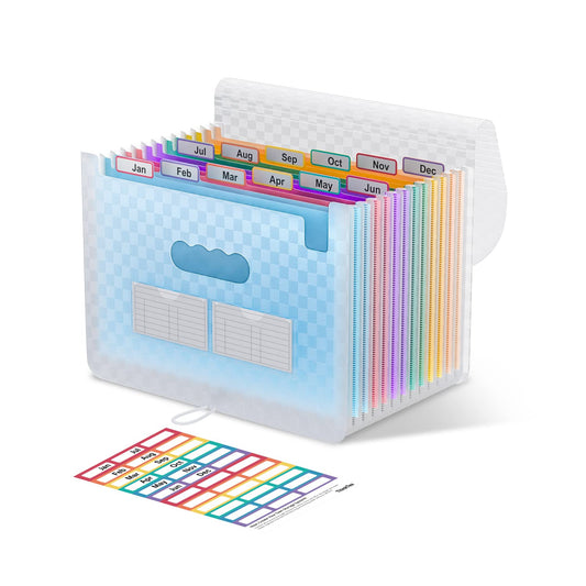 ThinkTex Accordion File Organizer, 12 - Pocket Expanding File Folders for Paper Receipts, Bills & Taxes Organizer, Letter/A4 Size Document Holder for School, Office, Home with Colorful tabs- Blue