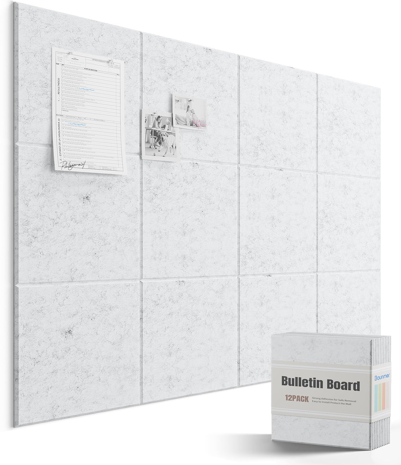Bounmer Large Cork Board for Walls 48" x 36" - 12 Pack Felt Wall Tiles with Safe Removable Adhesive Tabs & 30 Pcs Pushpins - Bulletin Board for Office Home Decor (Marble)